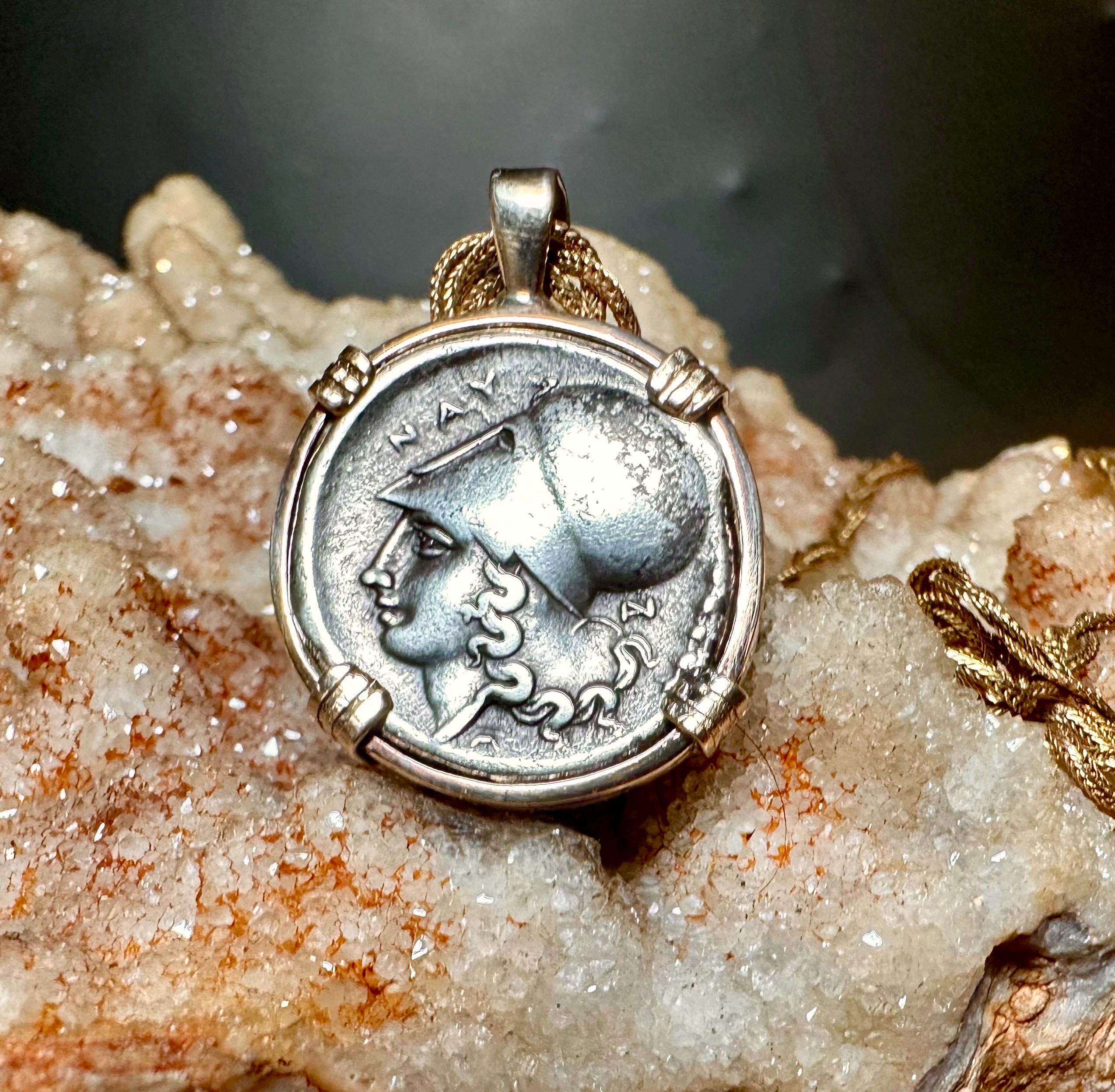 Genuine 350BC Ancient Greek Athena and Pegasus coin in 14k yg filled pendant