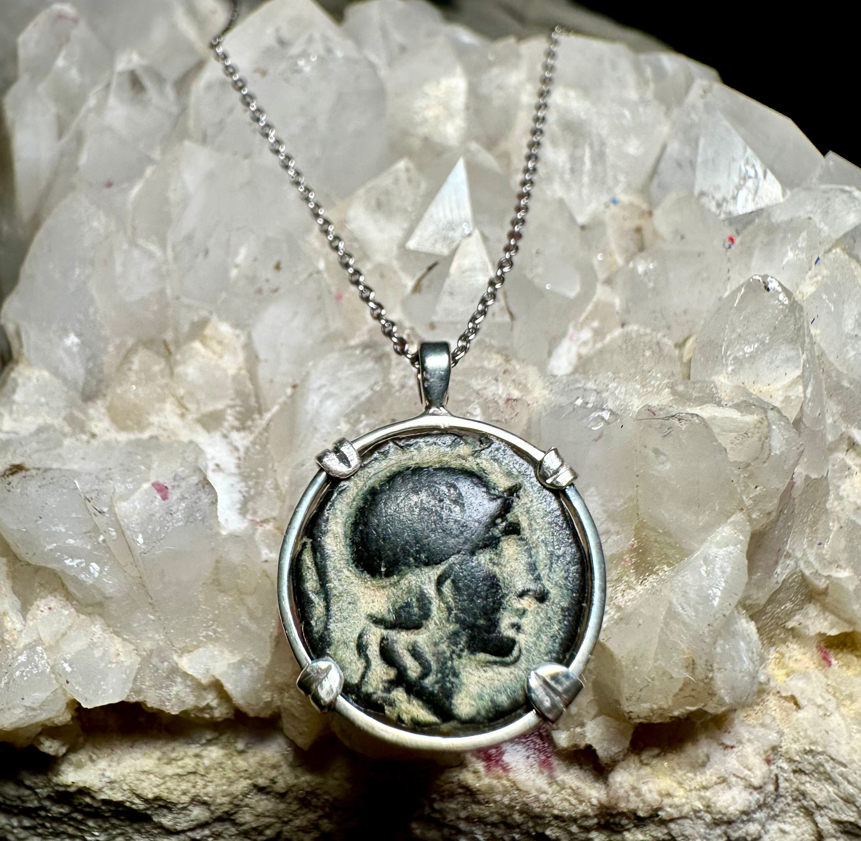 Ancient Greek Athena and Lion coin in sterling silver Pendant