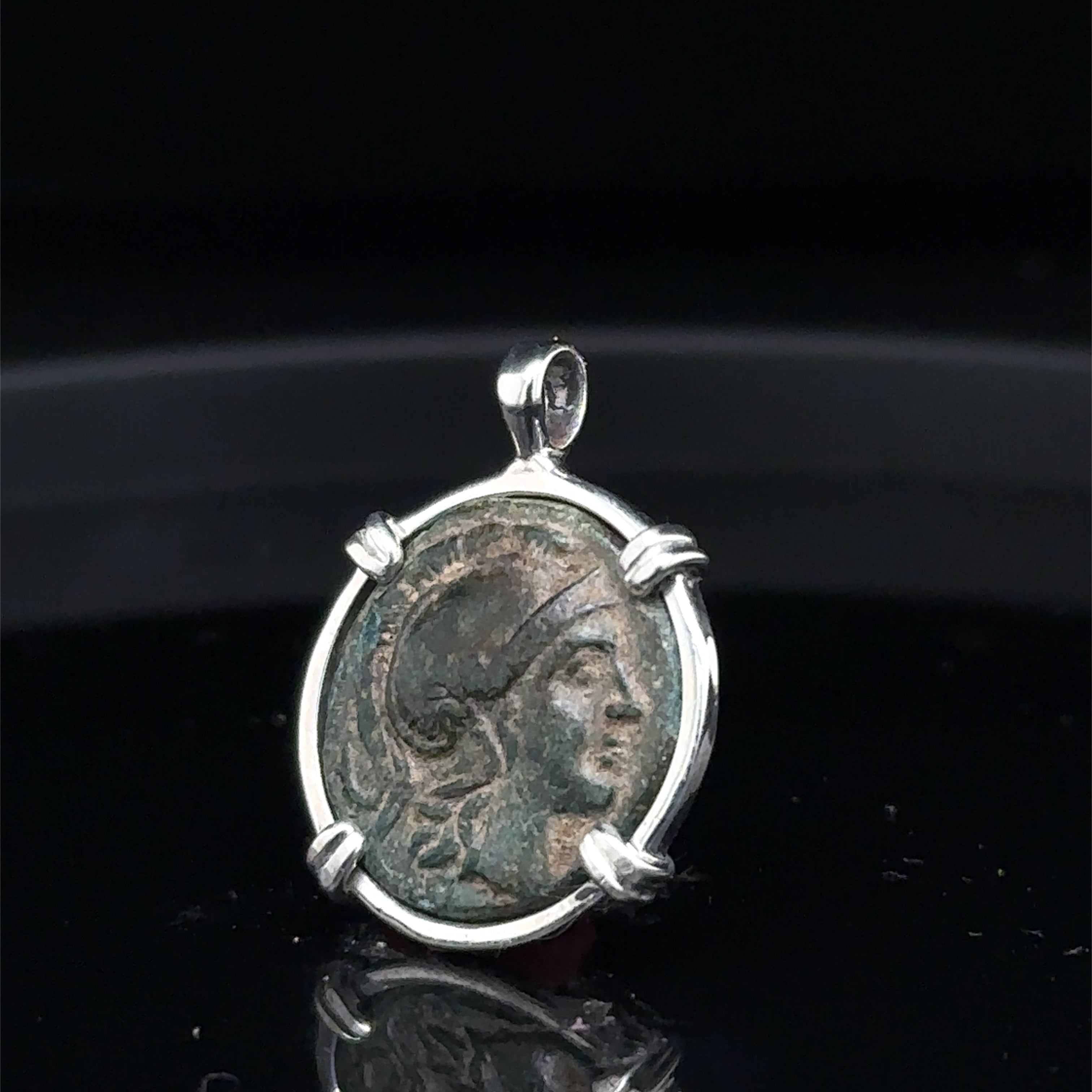 Ancient Greek Athena and Lion coin in sterling silver pendant
