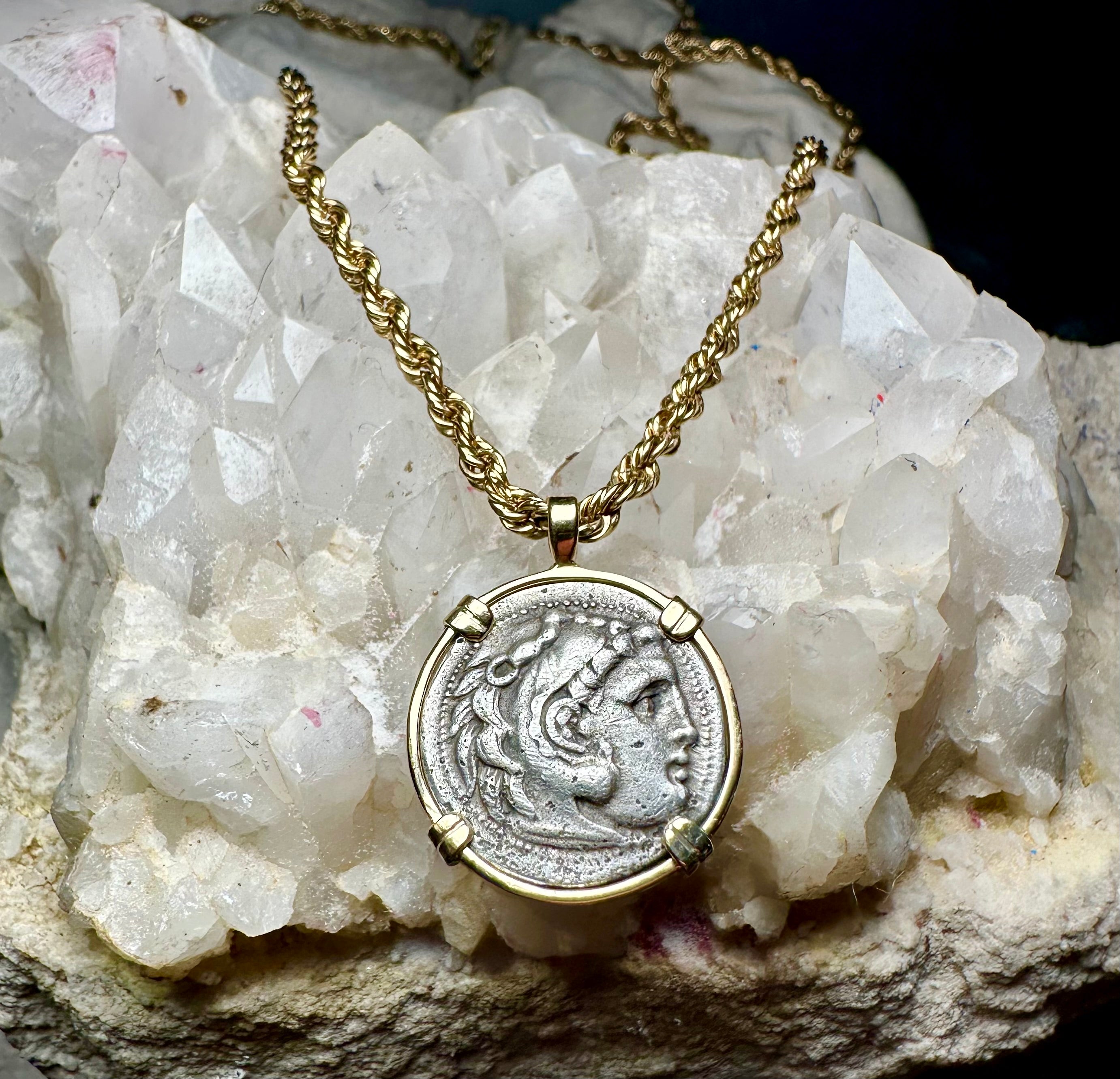 Alexander the Great Silver Drachm in Solid 14k Yellow Gold Pendant