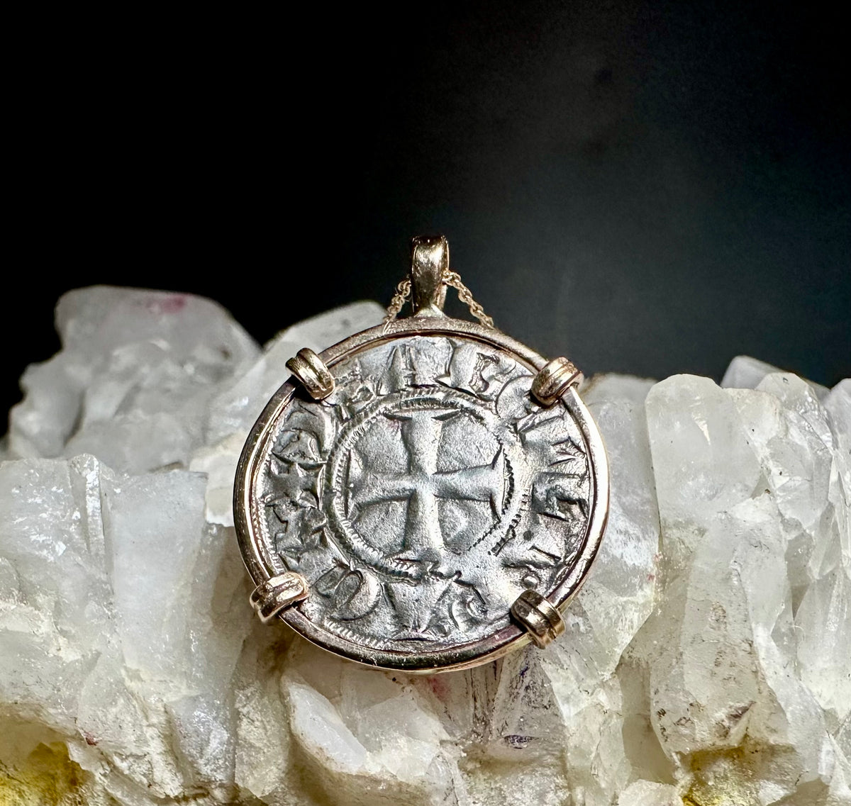 Medieval 13th century Christian Crusader Coin in 14k yellow gold filled pendant