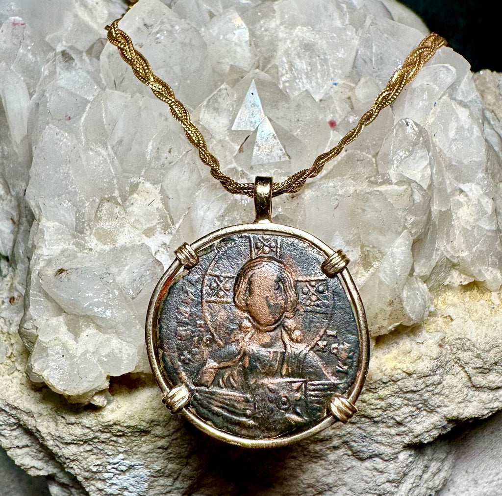 10th century Byzantine Jesus Christ coin in 14k yellow gold filled pendant “Jesus Christ King of Kings”