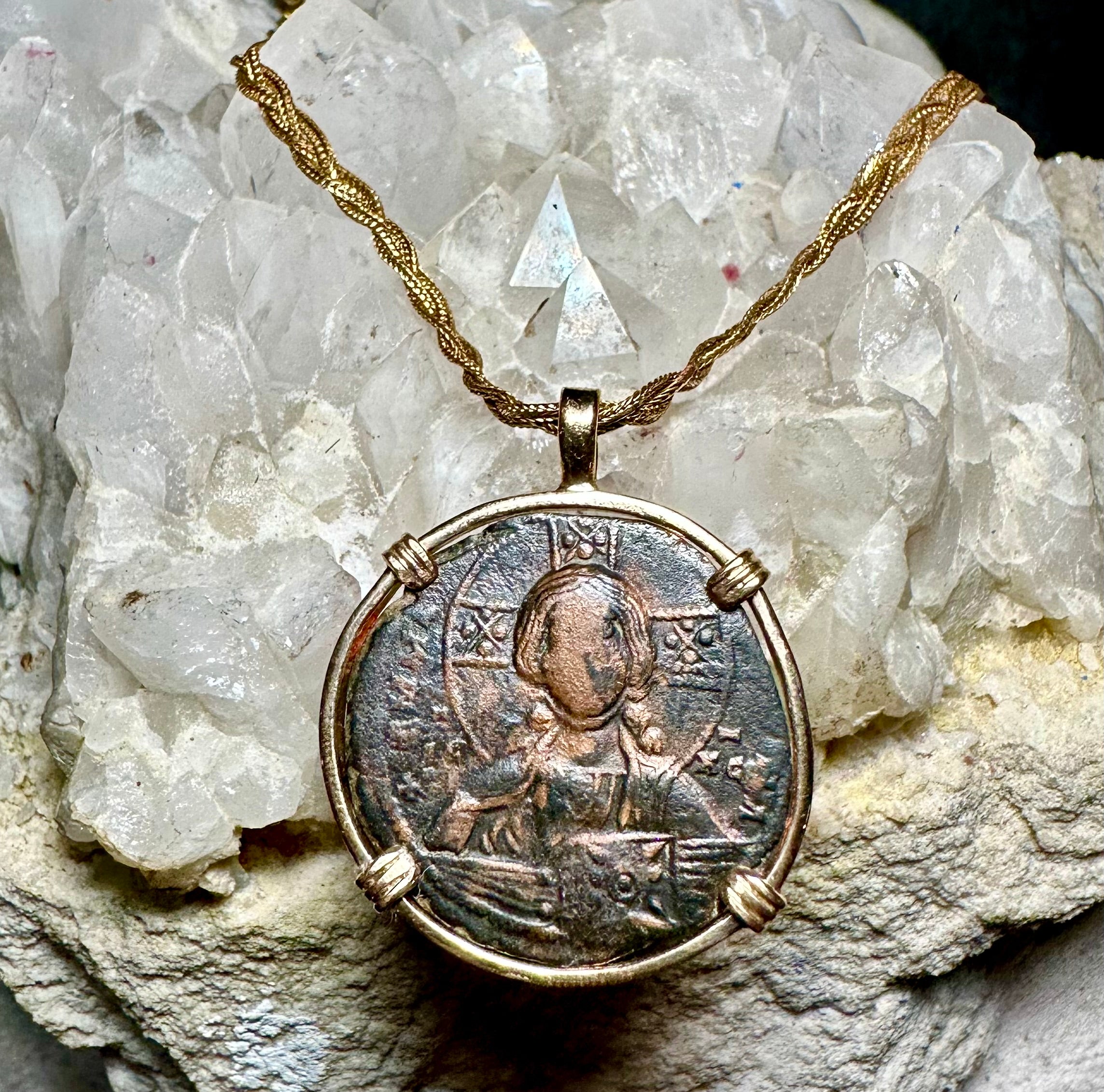 10th century Byzantine Jesus Christ coin in 14k yellow gold filled pendant “Jesus Christ King of Kings”