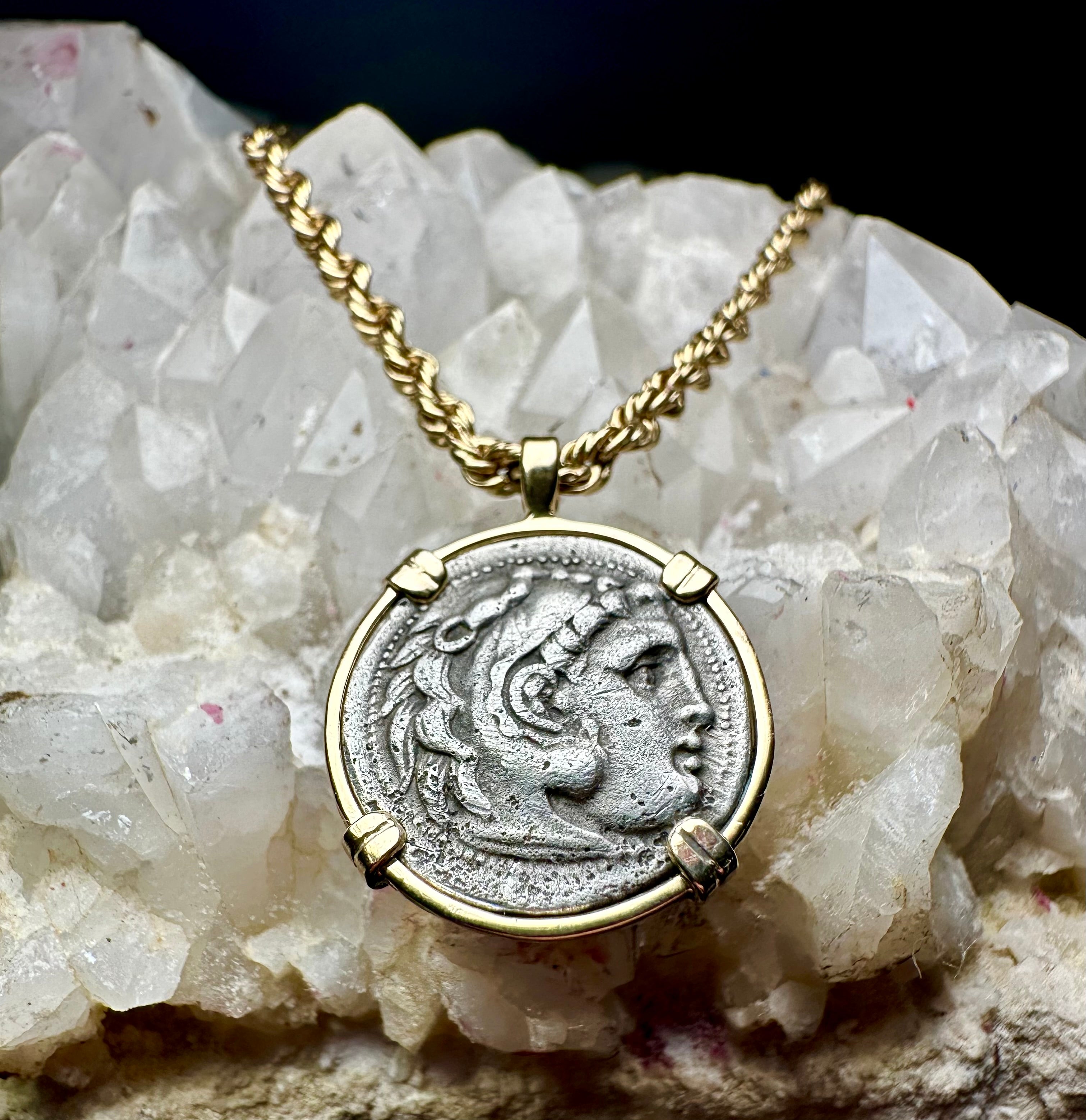Alexander the Great Silver Drachm in Solid 14k Yellow Gold Pendant