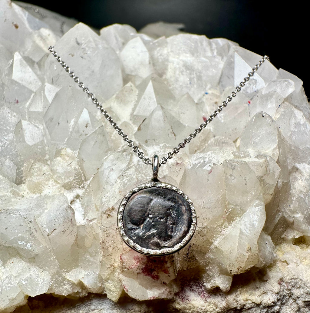 Ancient Greek silver Athena coin in sterling silver bezel