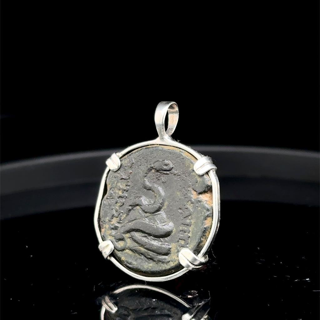 Ancient Greek Zeus and Serpent coin in sterling silver pendant