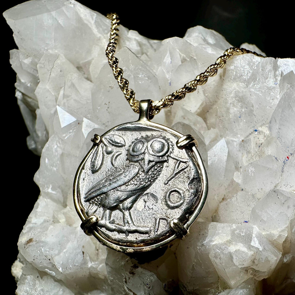 Genuine Ancient Greek Athena and Owl coin in hand made solid gold pendant