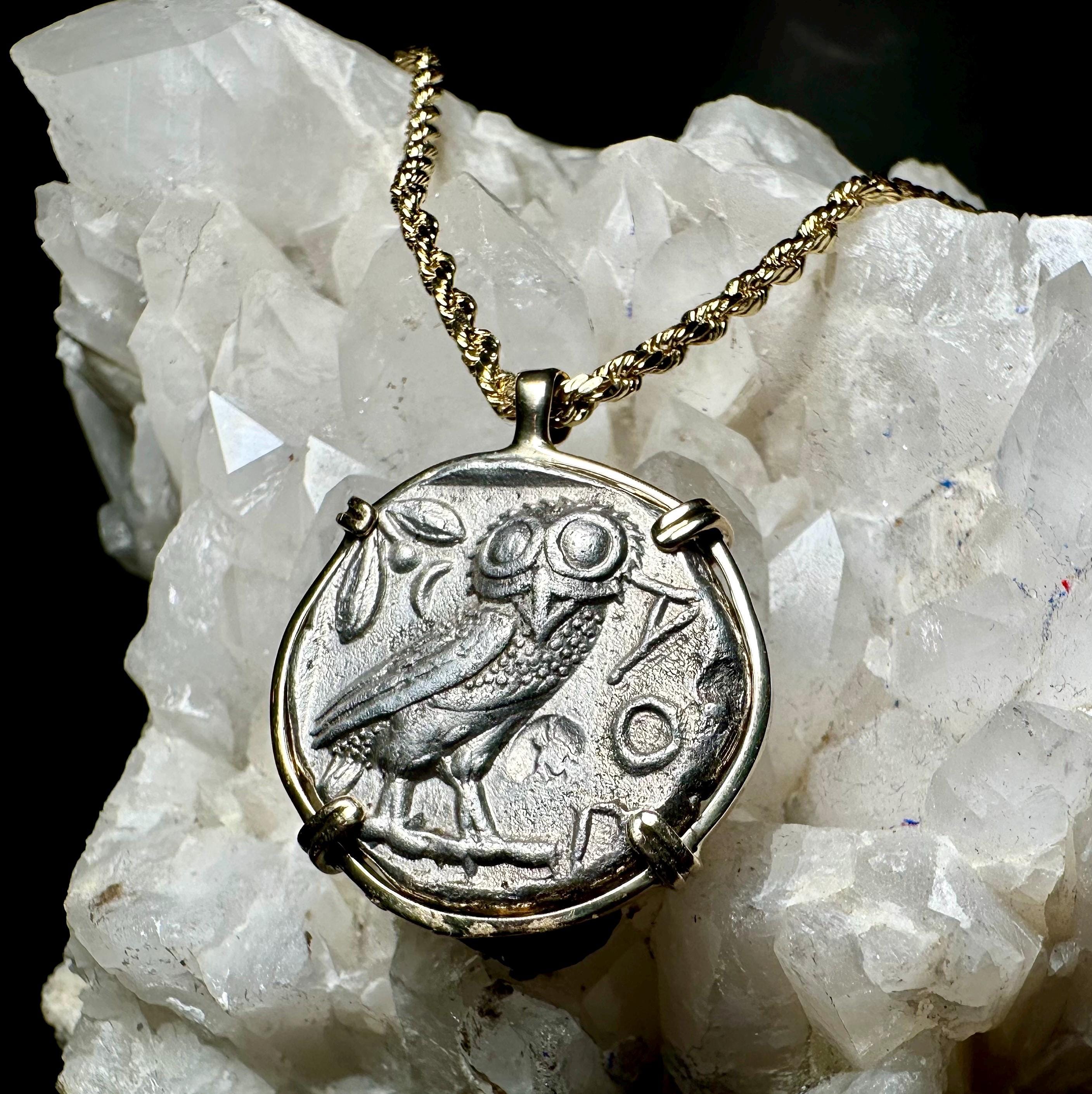 Genuine Ancient Greek Athena and Owl coin in hand made solid gold pendant