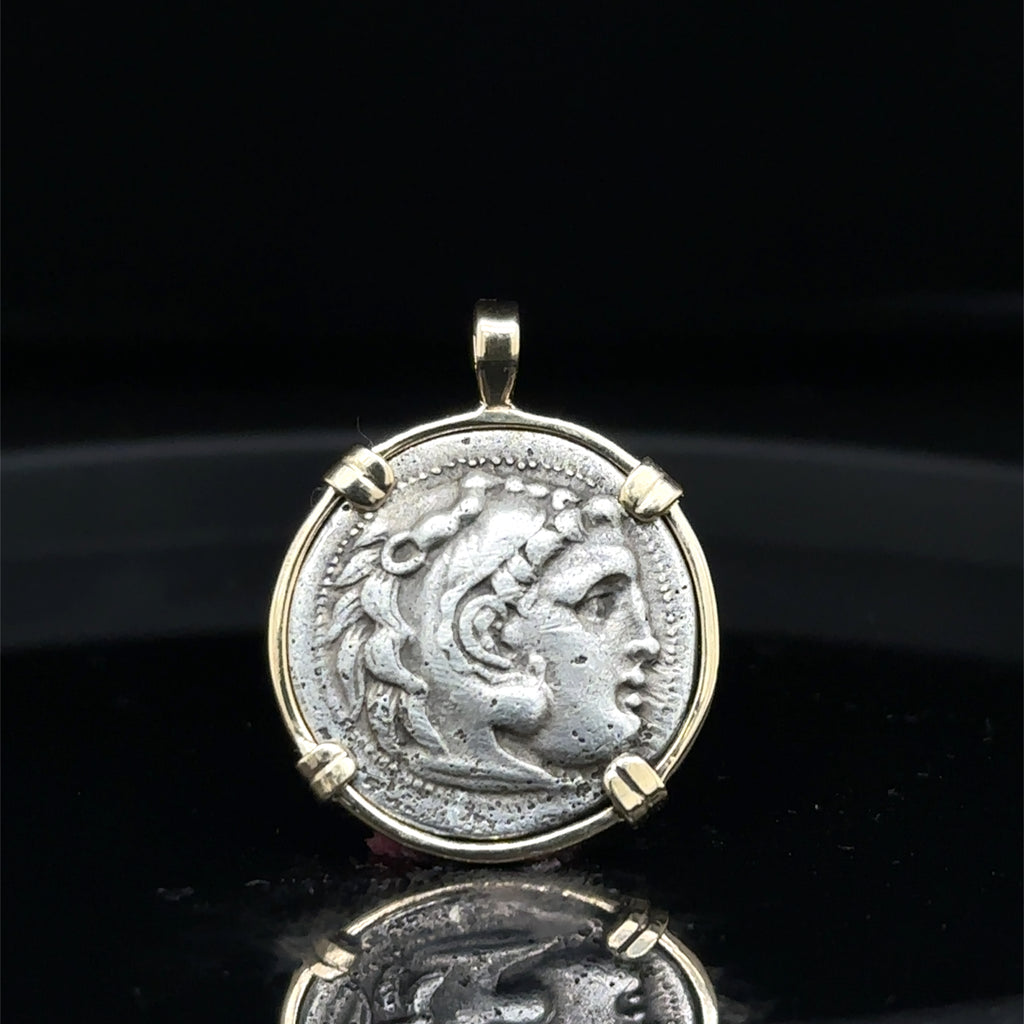 Alexander the Great Silver Drachm in Solid 14k Yellow Gold Pendant