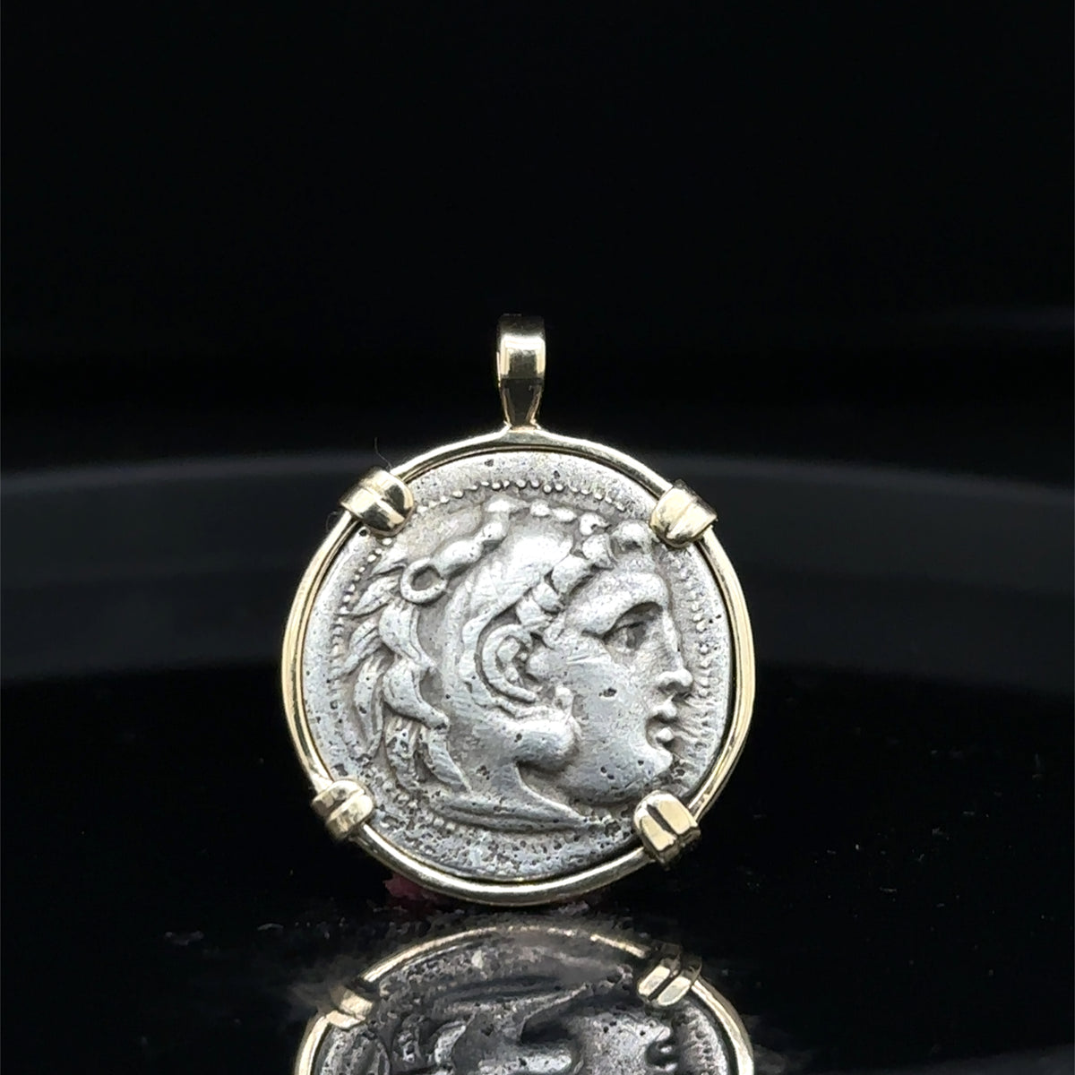 Alexander the Great Silver Drachm in Solid 14k Yellow Gold Pendant