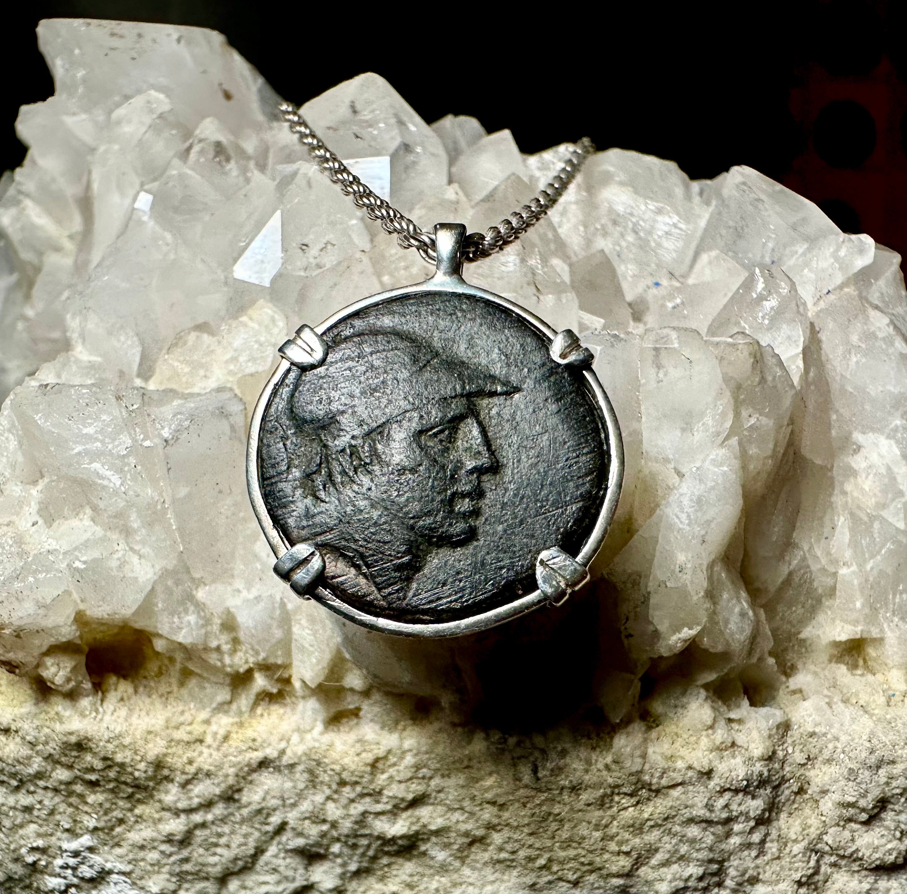 Genuine Ancient Greek Ares God of War and Sword Coin in sterling silver pendant
