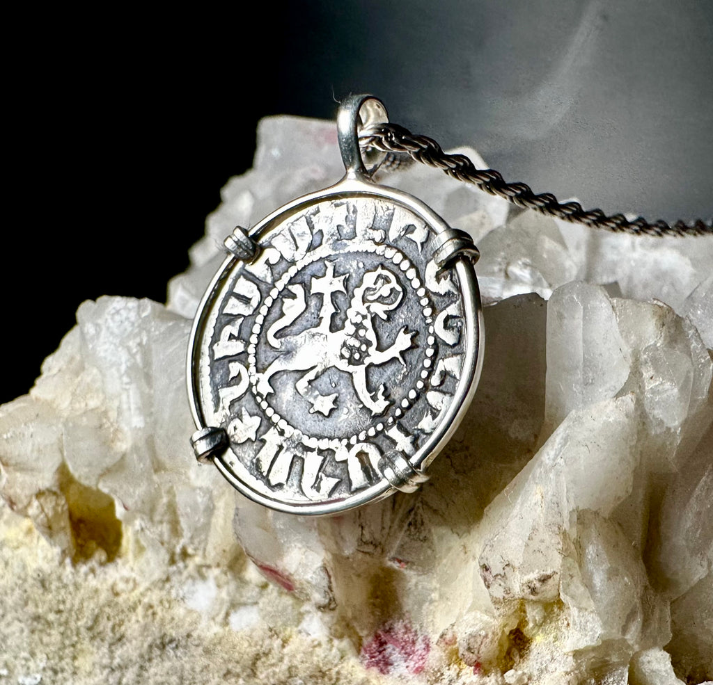 Medieval Christian Lion and Cross Silver Coin in Sterling Silver Pendant