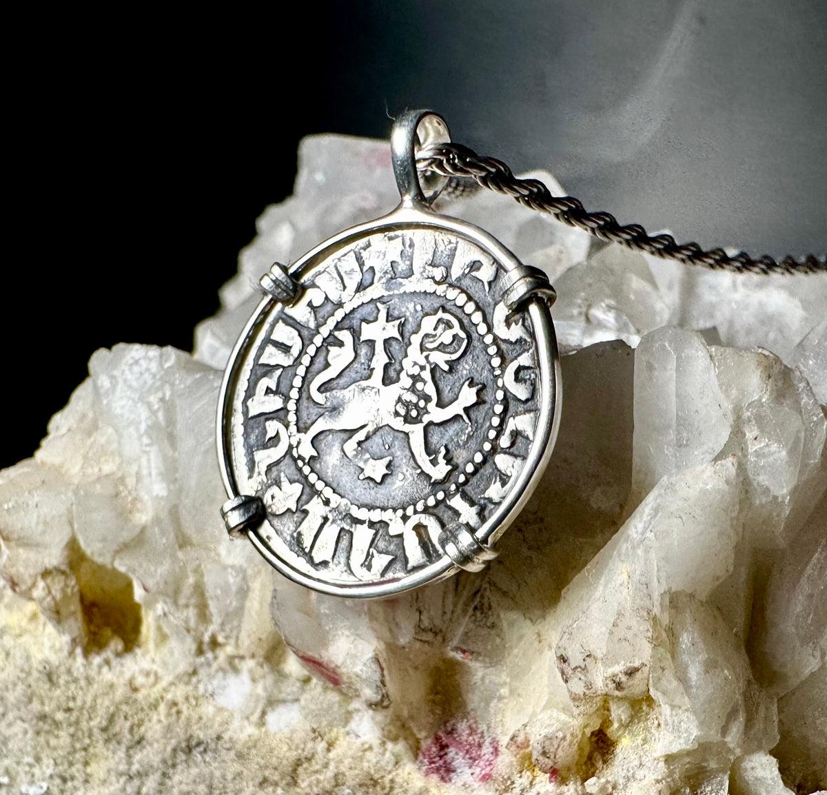 Medieval Christian Lion and Cross Silver Coin in Sterling Silver Pendant