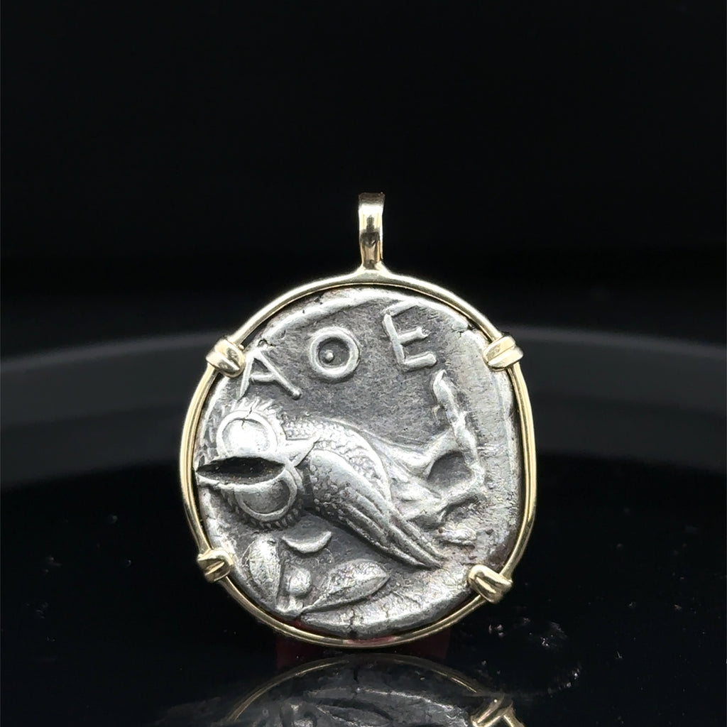 Ancient Athenian Owl and Athena silver tetradrachm in 14k solid gold pendant