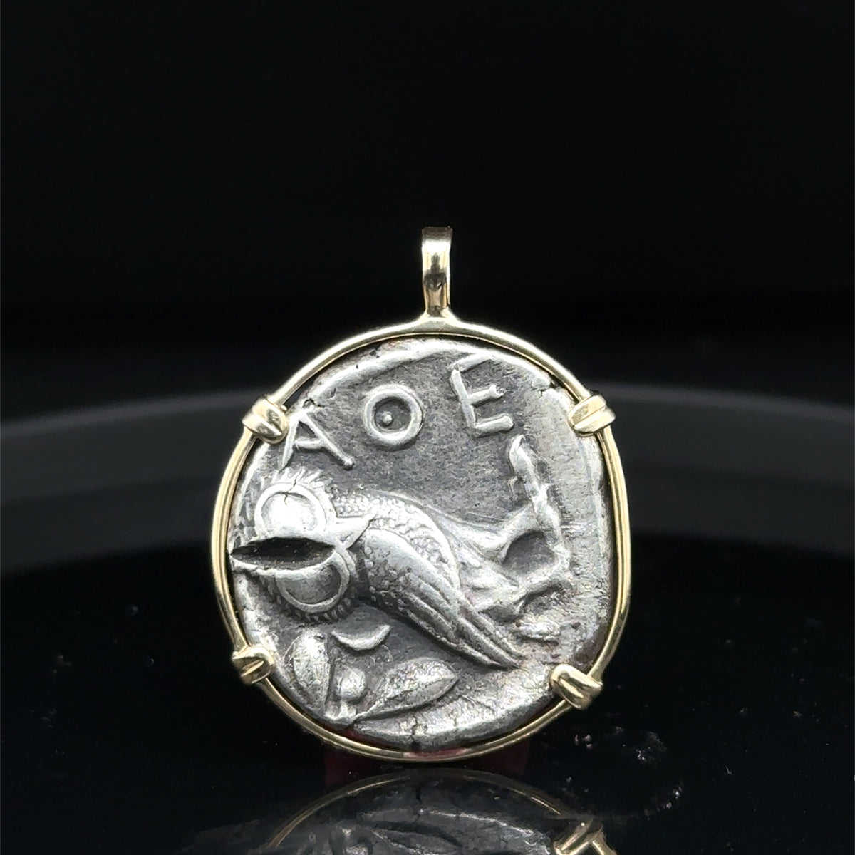 Ancient Athenian Owl and Athena silver tetradrachm in 14k solid gold pendant