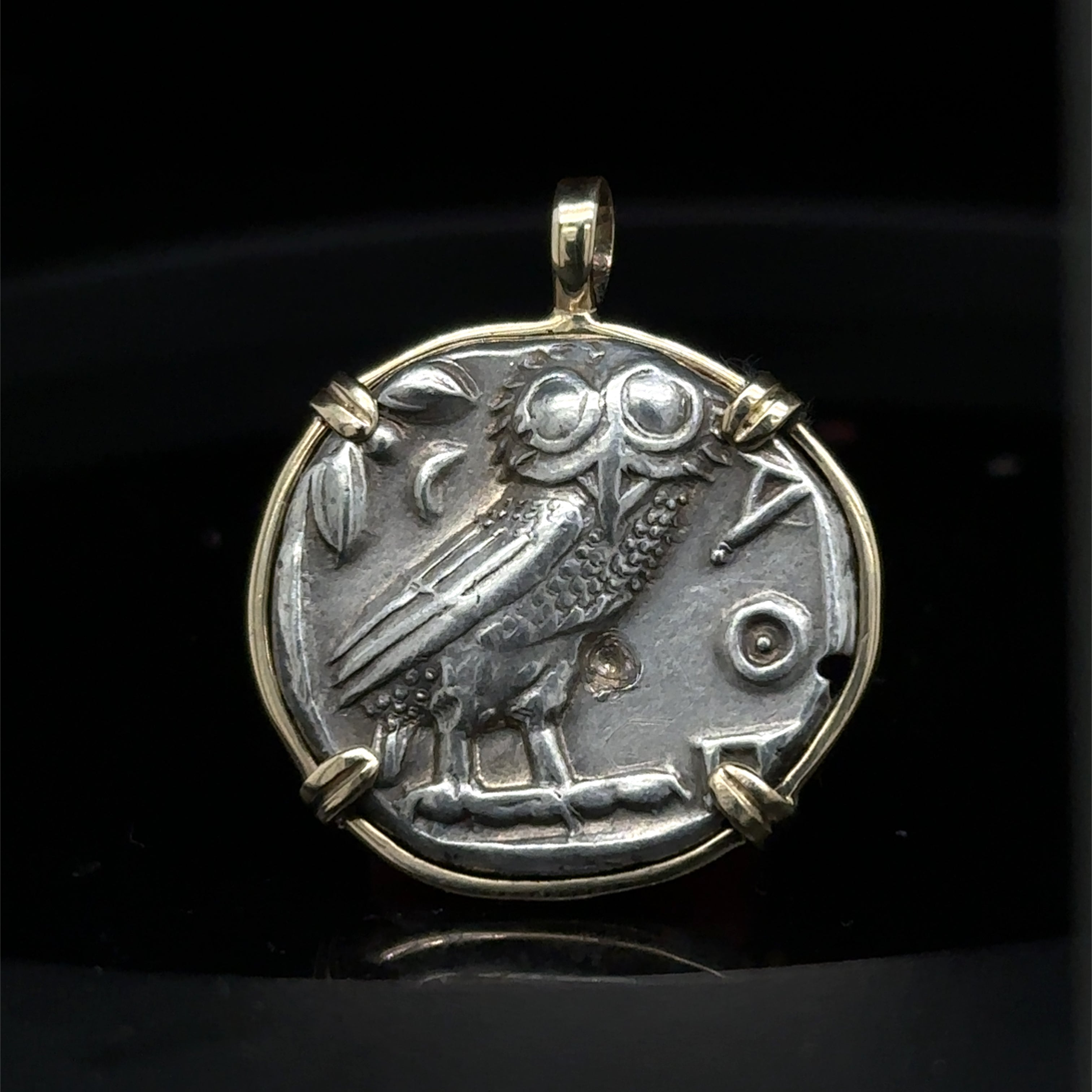 Ancient Greek Athena and Owl silver Tetradrachm in solid 14k yellow gold pendant