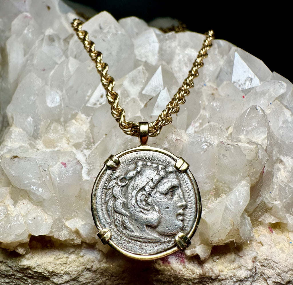 Alexander the Great Silver Drachm in Solid 14k Yellow Gold Pendant