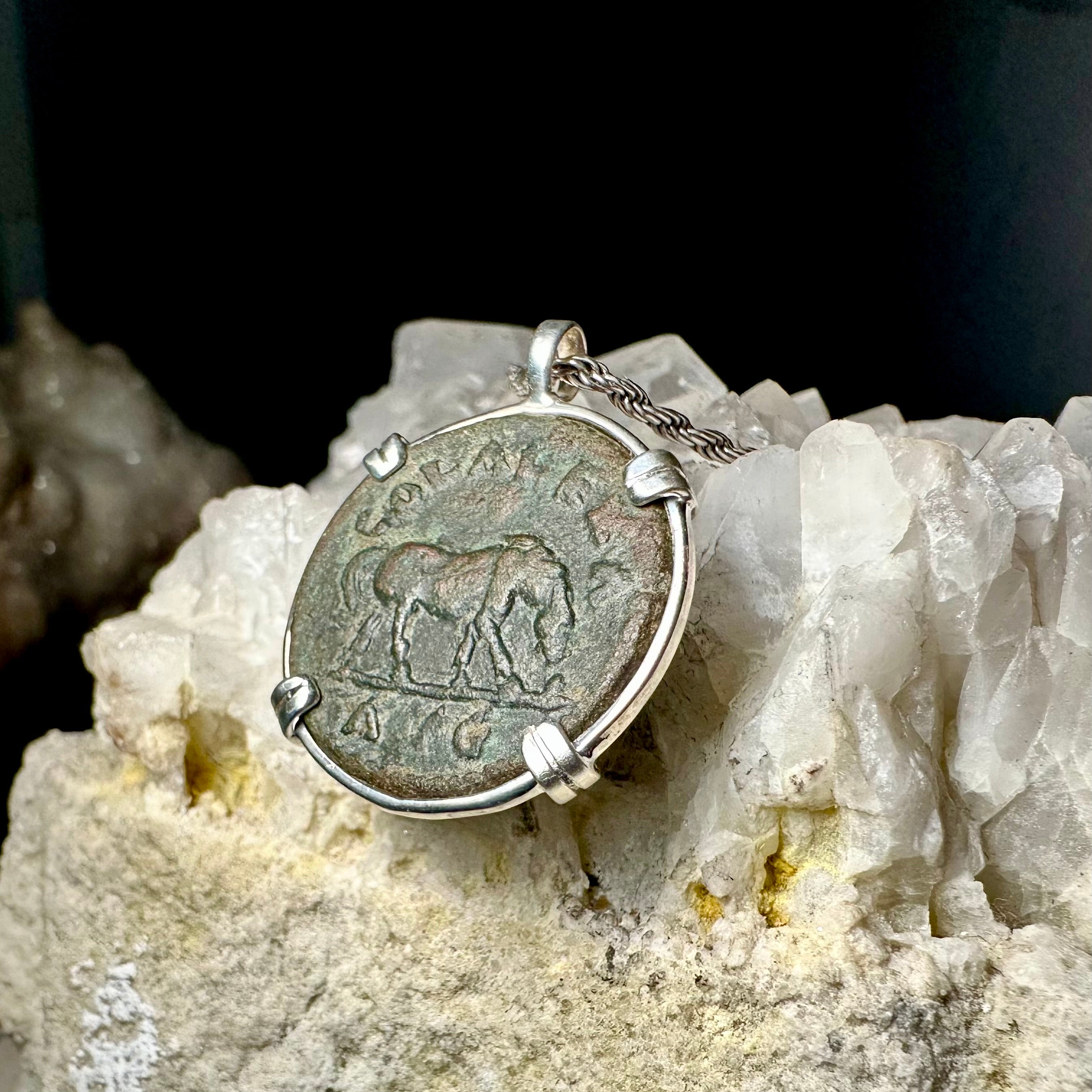 3rd century Ancient Roman Horse coin in sterling silver pendant