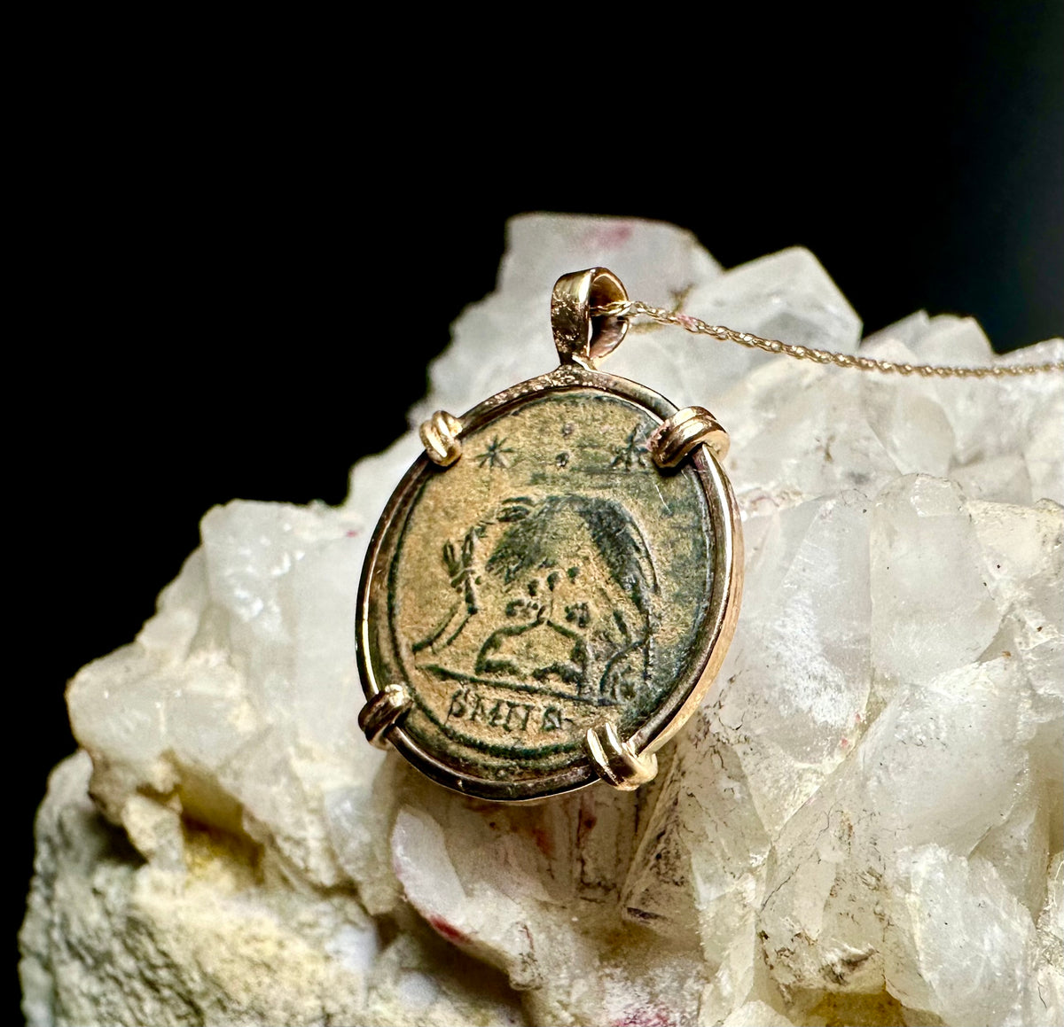 Ancient Roman She Wolf coin in 14k yellow gold filled pendant