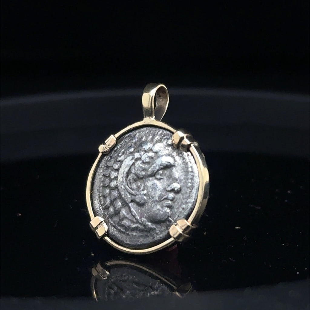 Alexander the Great silver Drachm in solid 14k Yellow Gold Pendant