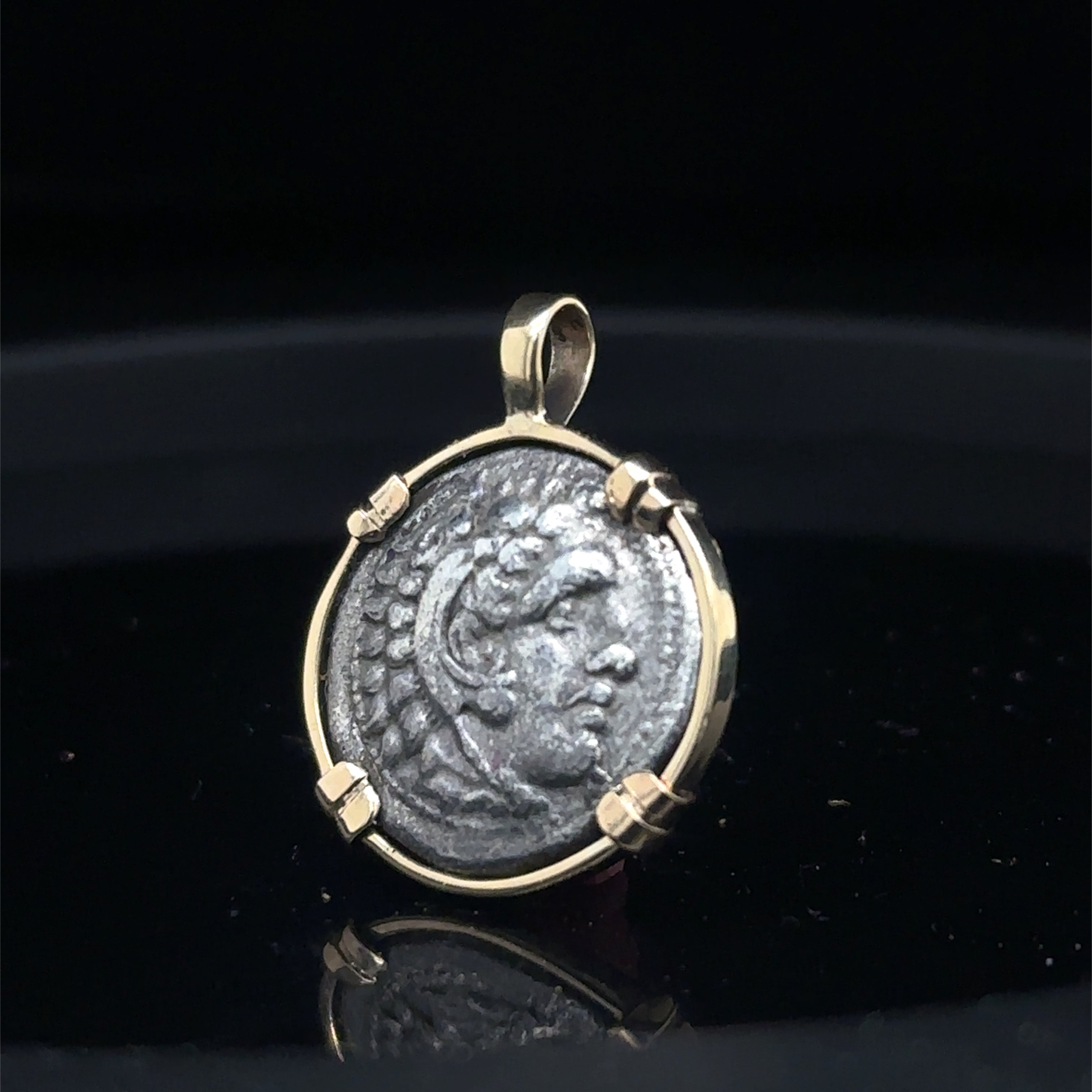 Alexander the Great silver Drachm in solid 14k Yellow Gold Pendant