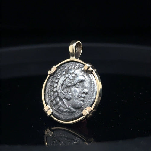 Alexander the Great silver Drachm in solid 14k Yellow Gold Pendant