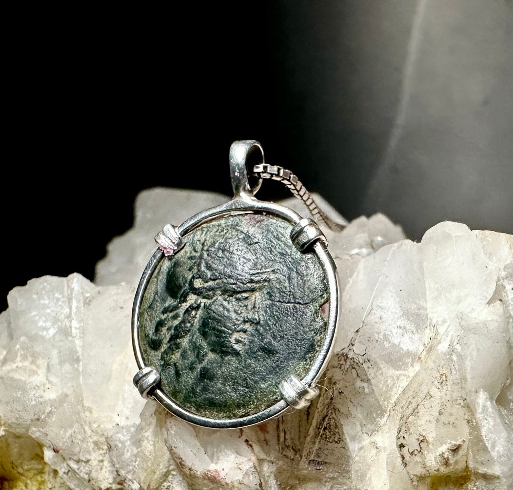 Ancient Greek Owl and Athena coin in sterling silver pendant