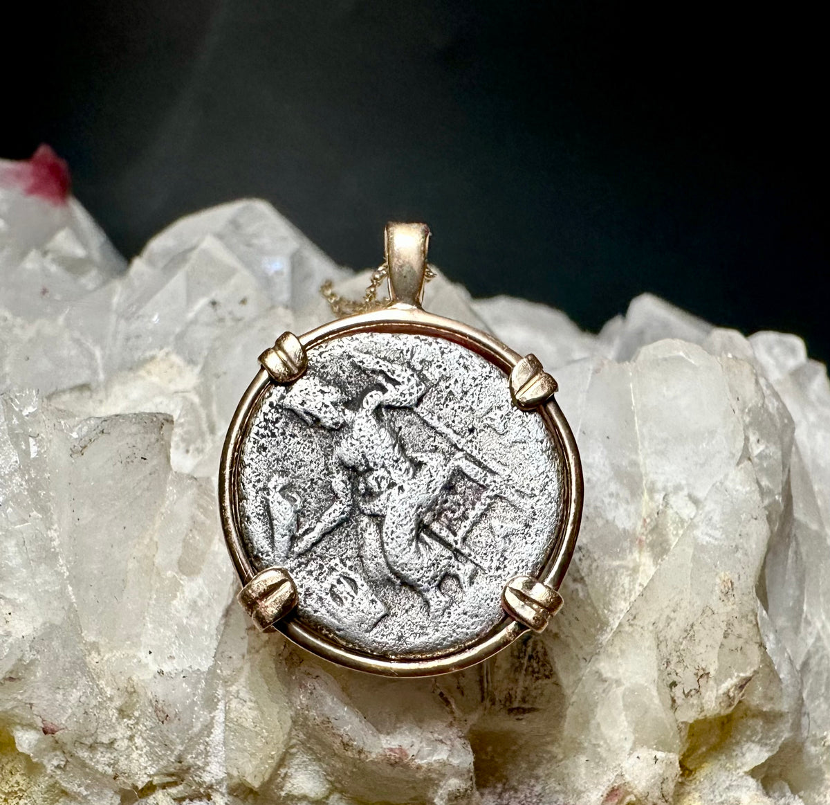 Ancient Greek Alexander The Great silver Drachm in 14k yellow gold filled pendant