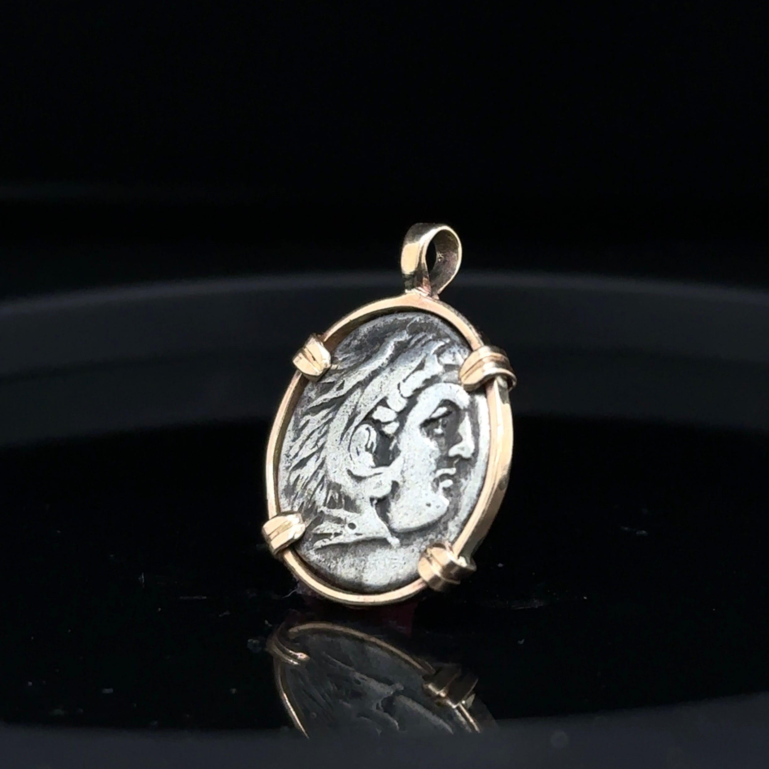 Alexander the Great silver Drachm in 14k yellow gold filled pendant