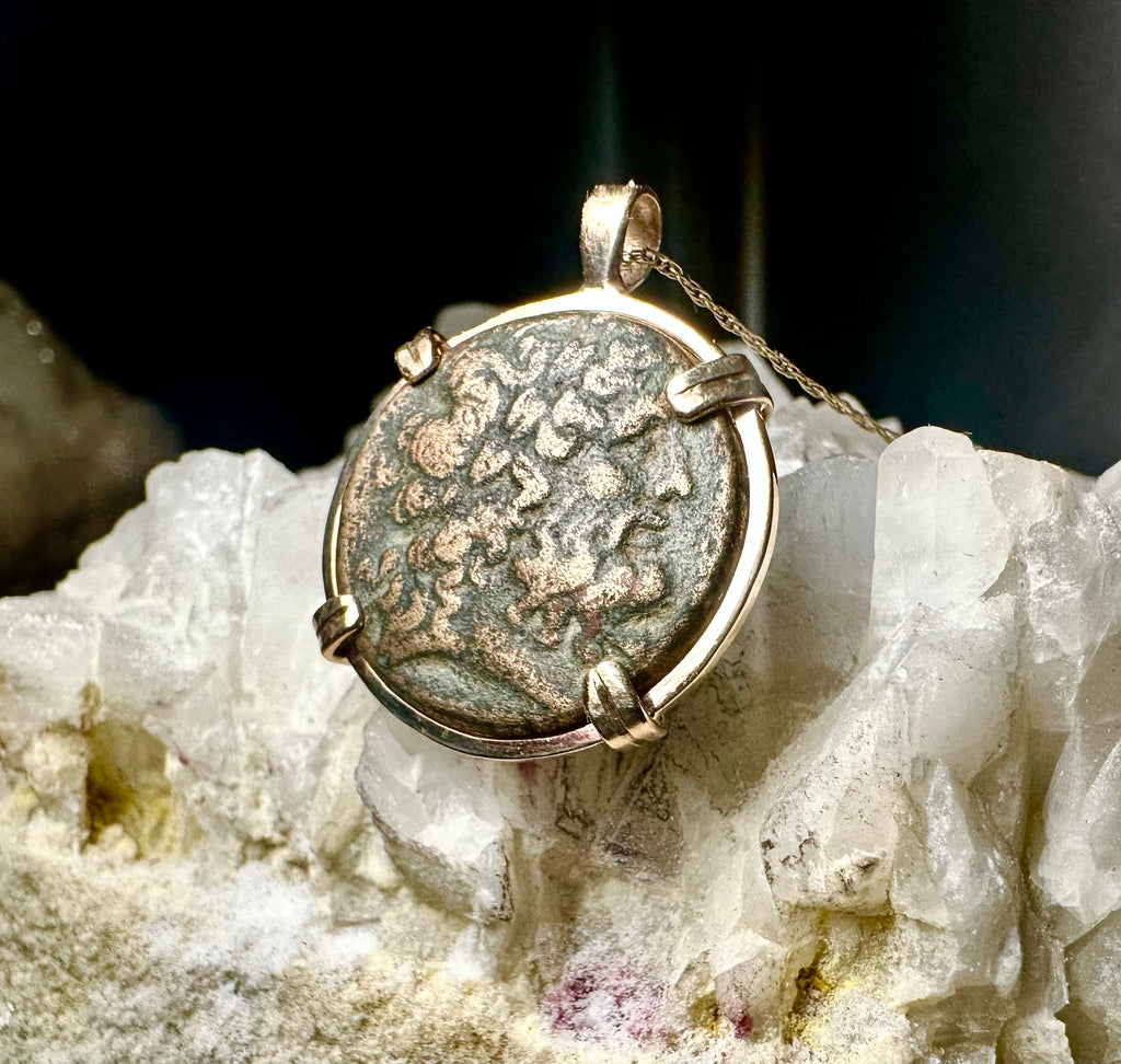 Ancient Egyptian Zeus Ammon and Eagle coin in 14k yellow gold filled pendant