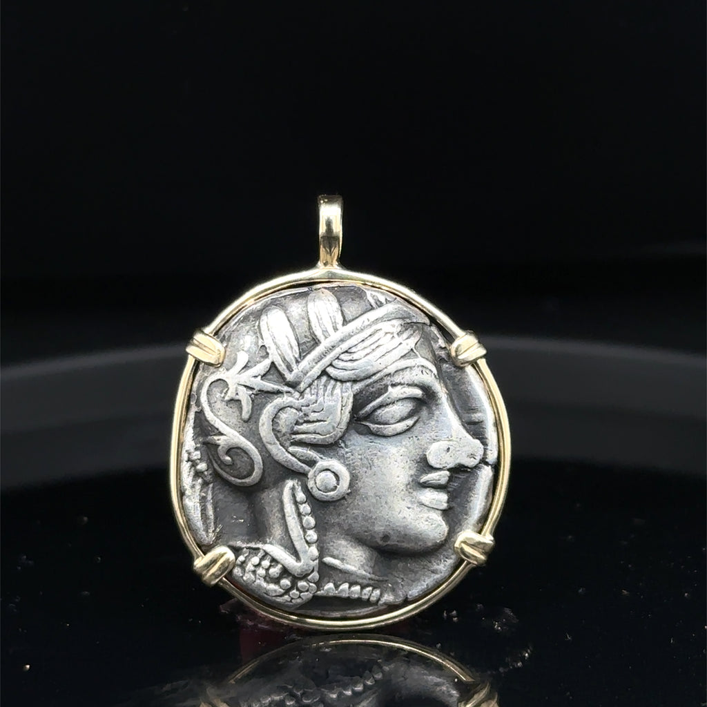 Ancient Athenian Owl and Athena silver tetradrachm in 14k solid gold pendant