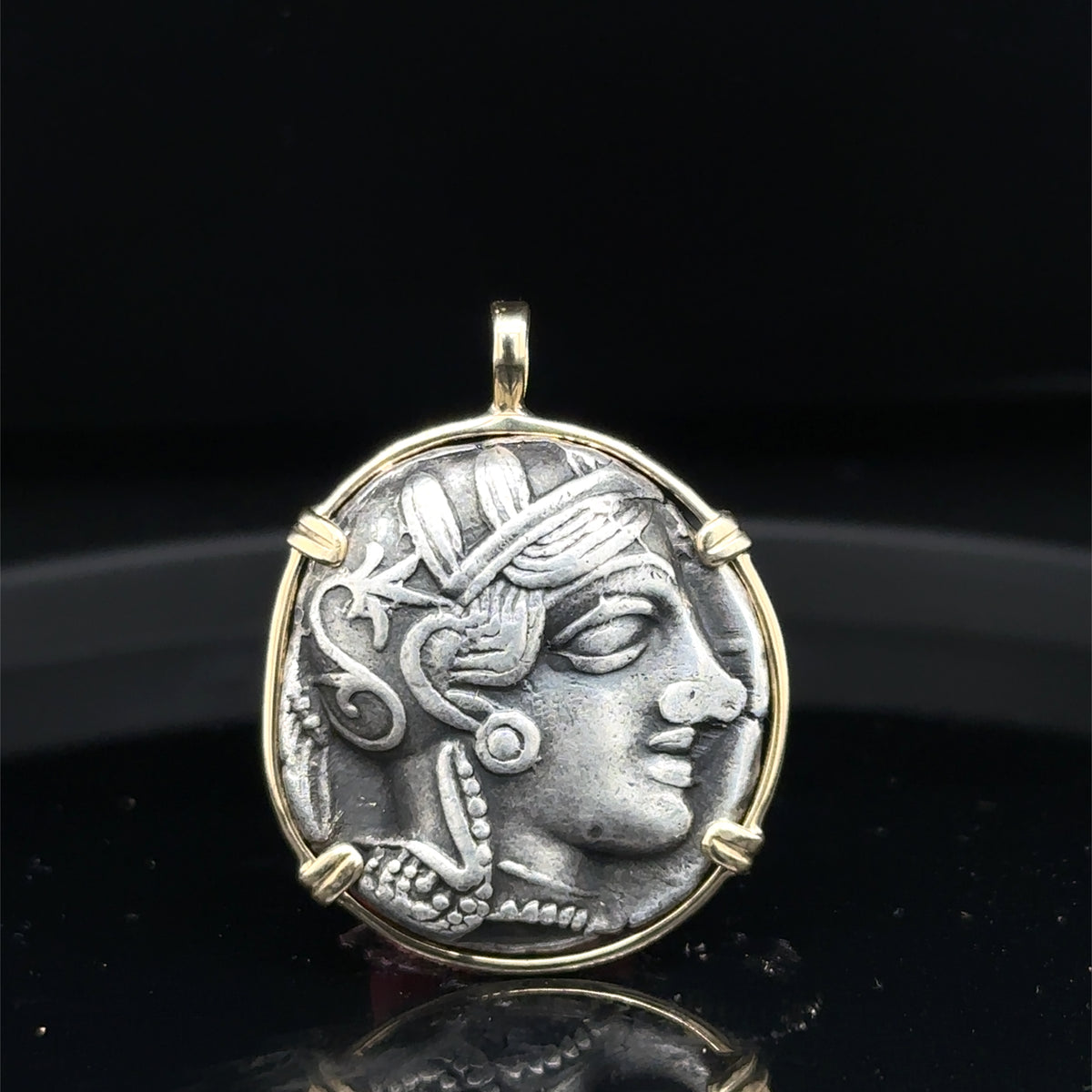 Ancient Athenian Owl and Athena silver tetradrachm in 14k solid gold pendant