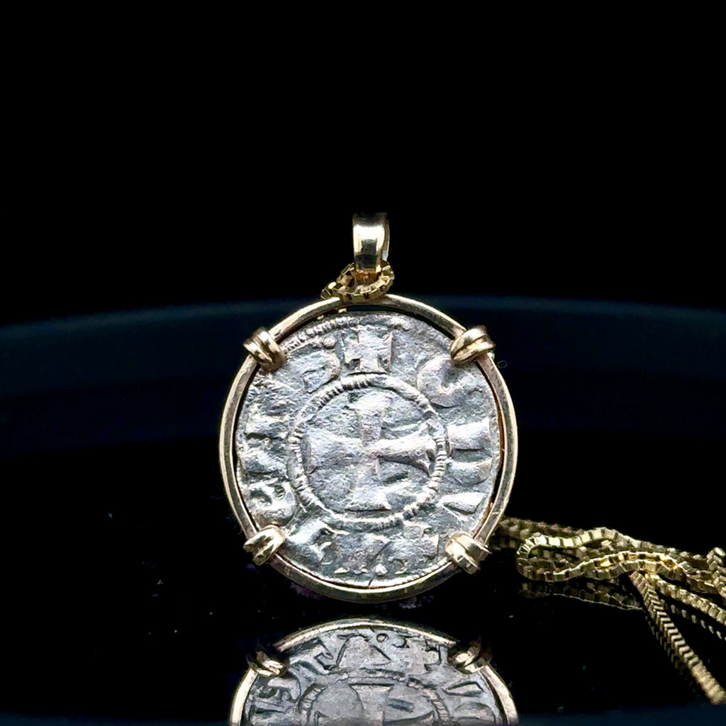 13th century silver Christian Crusader coin in 14k yellow gold filled pendant