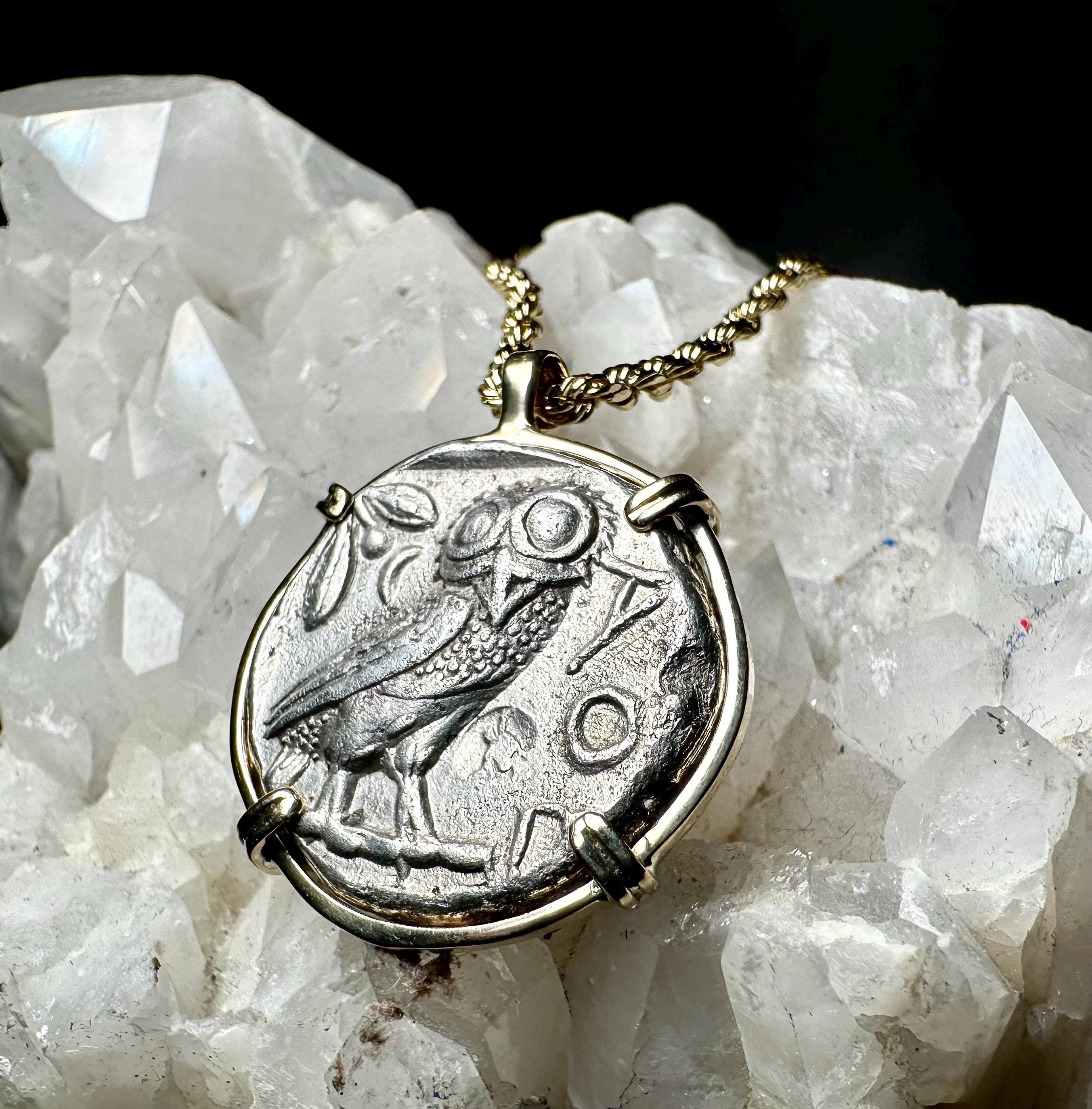 Genuine Ancient Greek Athena and Owl coin in hand made solid gold pendant