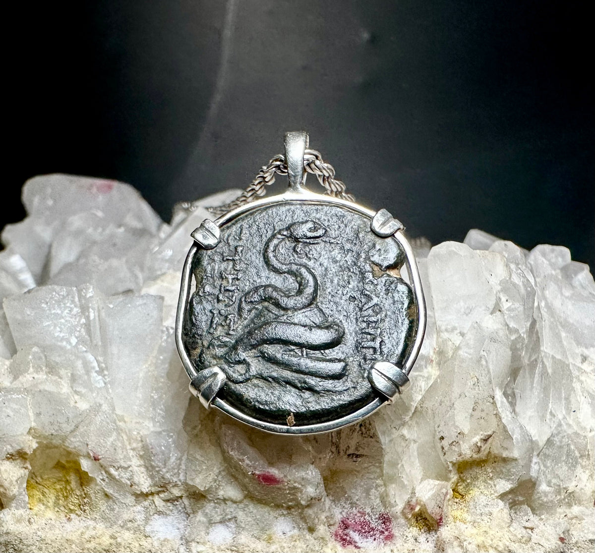 Ancient Greek Zeus and Serpent coin in sterling silver pendant