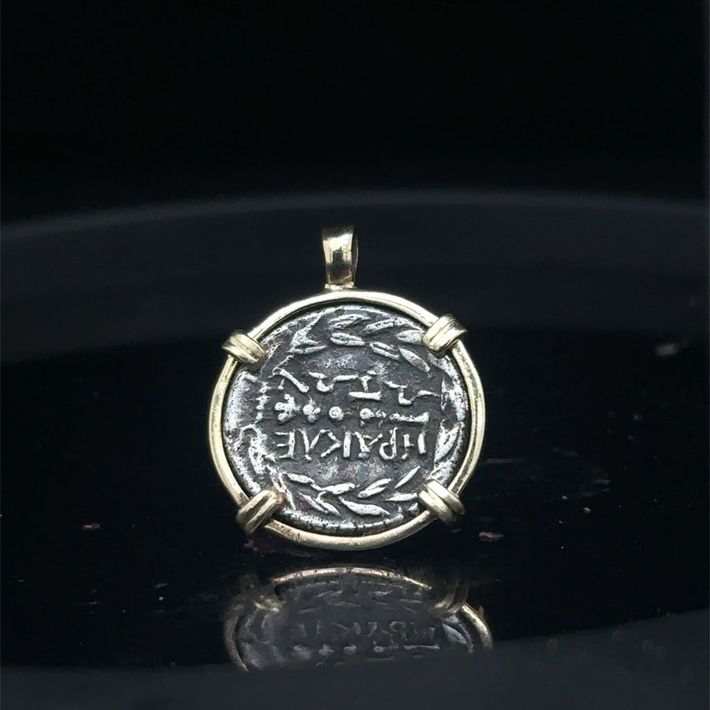 Ancient Greek Athena and Hercules silver coin in solid 14k yellow gold pendant