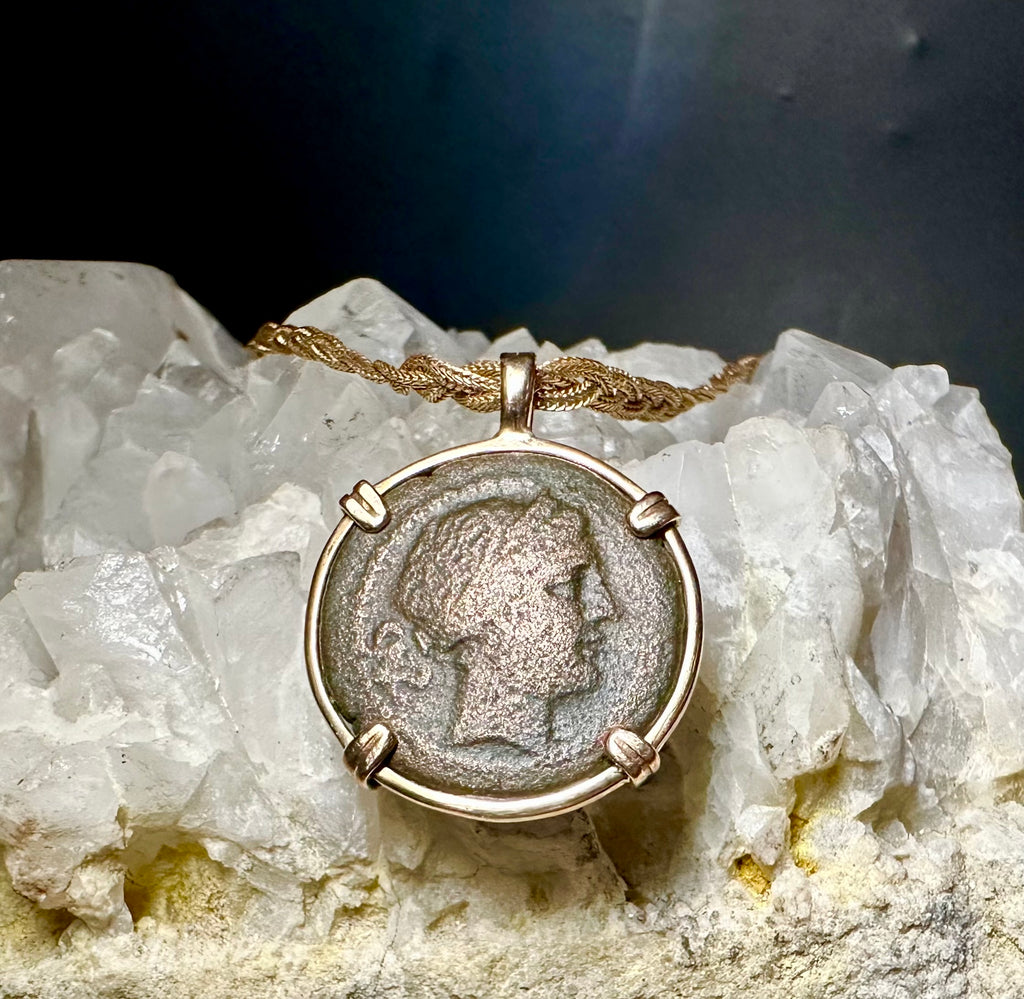 Ancient Greek Persephone and Oak wreath coin in 14k yellow gold filled pendant