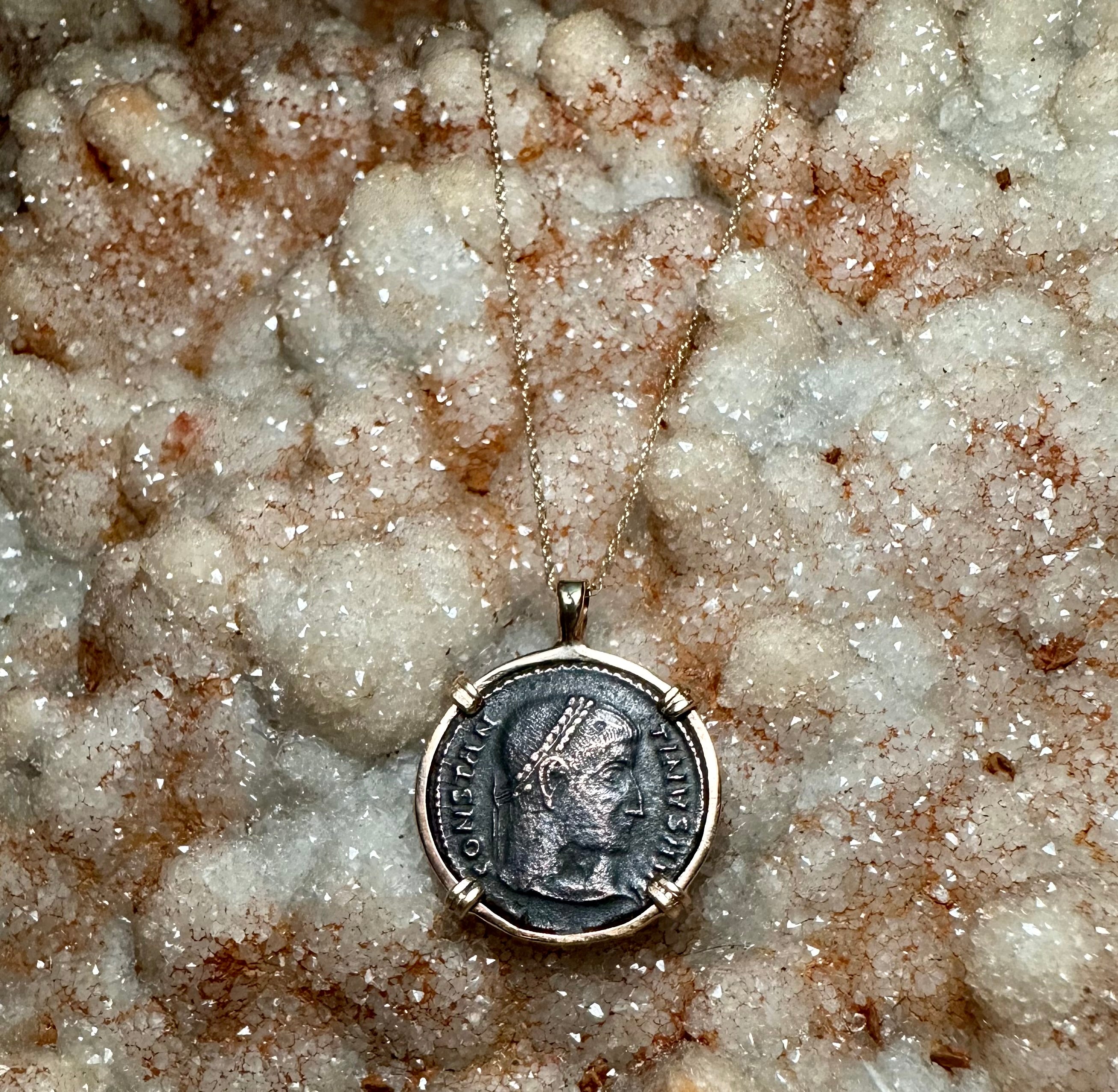 Ancient Roman Constantine The Great coin in 14k yellow gold filled pendant