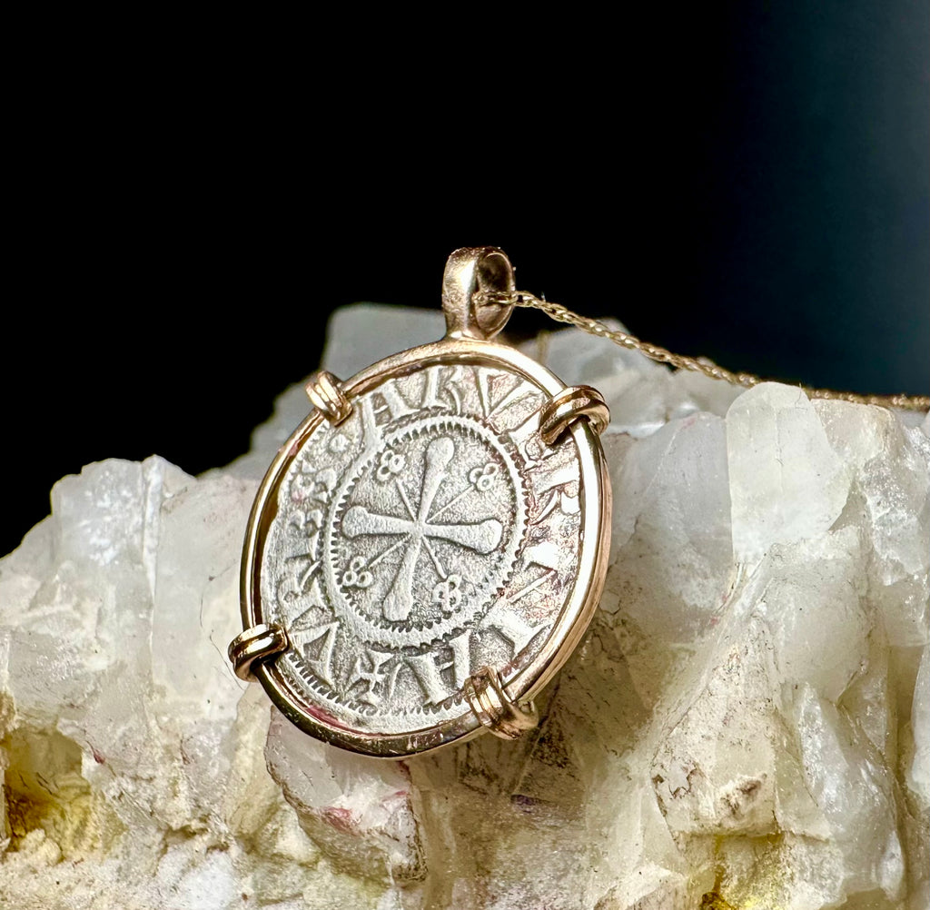 12th Century French Virgin Mary Christian Crusader Coin in 14k yellow gold filled pendant