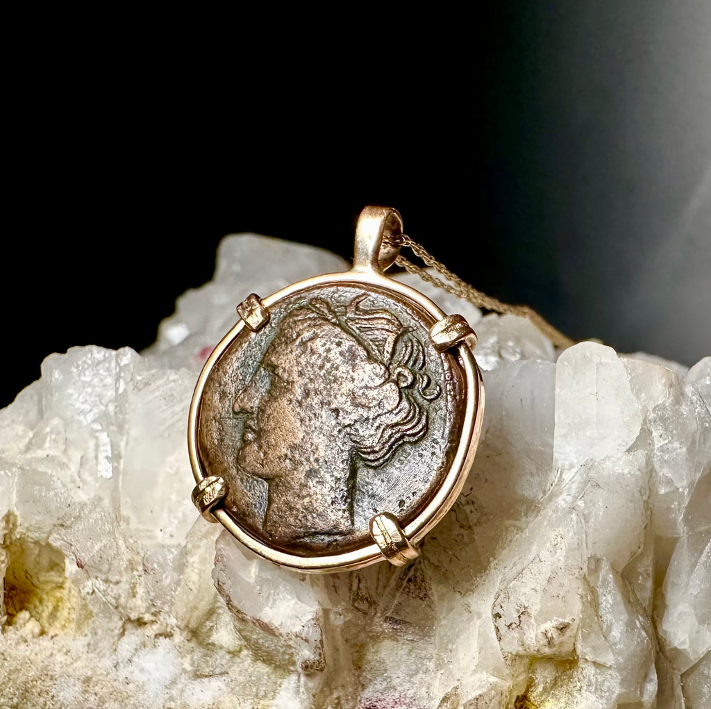 Ancient Sicily Persephone and Bull coin in 14k yellow gold filled pendant
