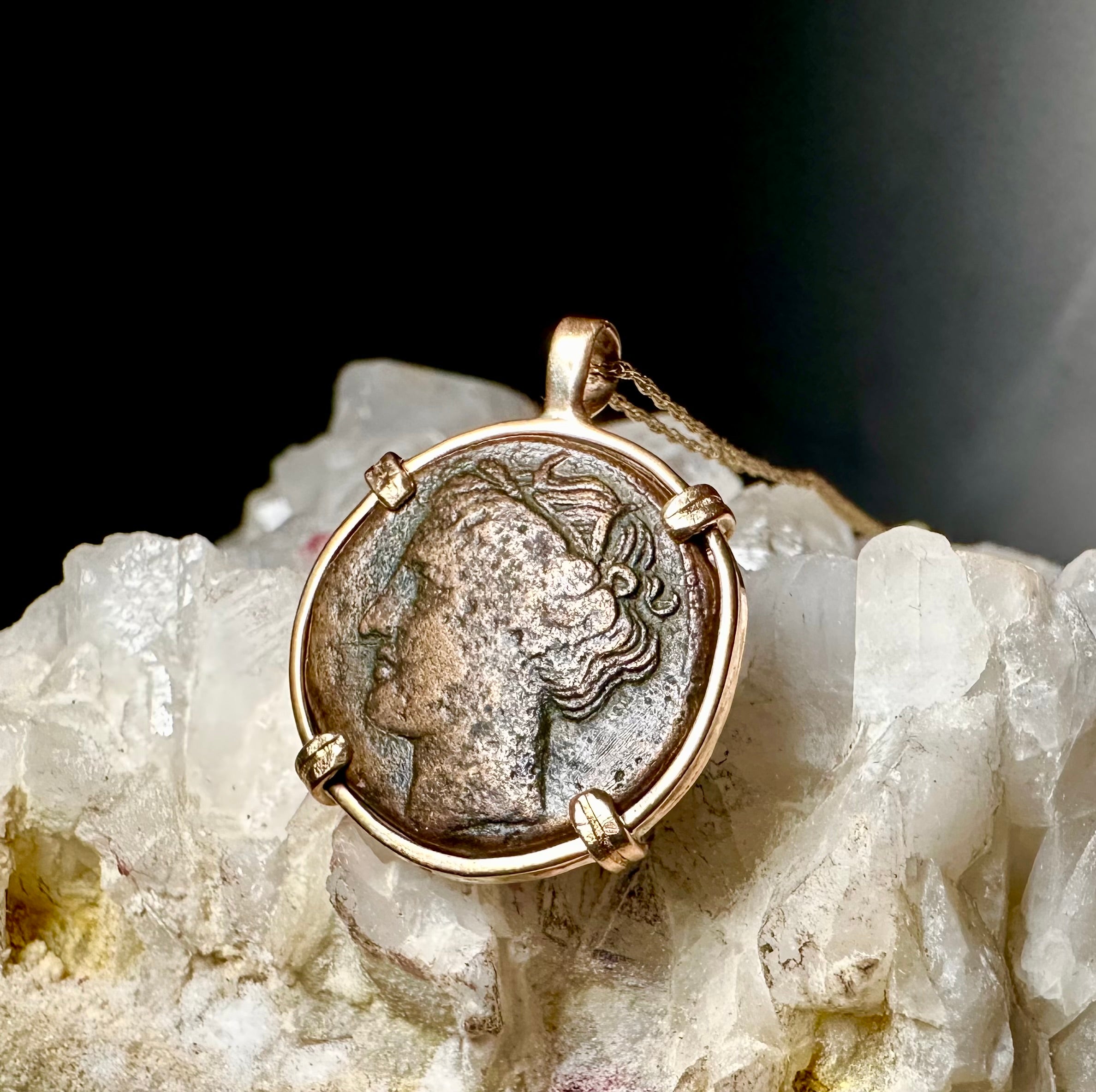 Ancient Sicily Persephone and Bull coin in 14k yellow gold filled pendant