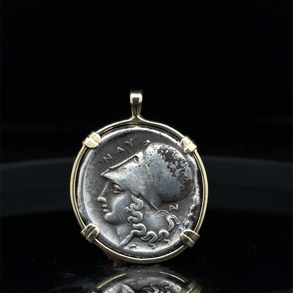 Ancient Greek Athena and Pegasus silver coin in Solid 14k yellow gold pendant