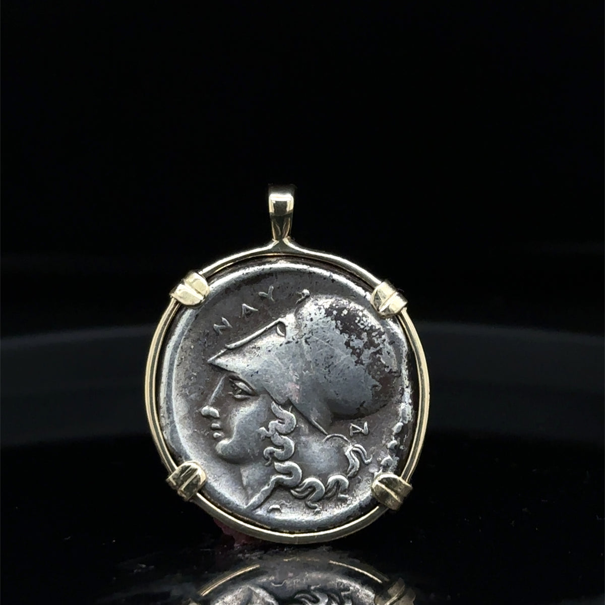 Ancient Greek Athena and Pegasus silver coin in Solid 14k yellow gold pendant