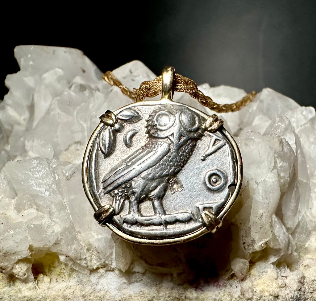 Ancient Greek Athena and Owl silver Tetradrachm in solid 14k yellow gold pendant