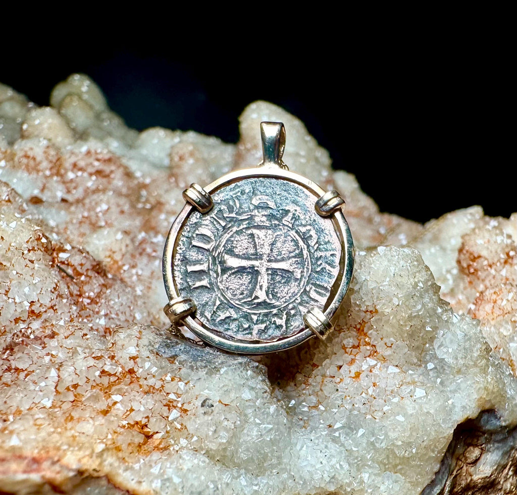 Genuine 14th century Christian Crusader Coin in 14k yellow gold filled pendant