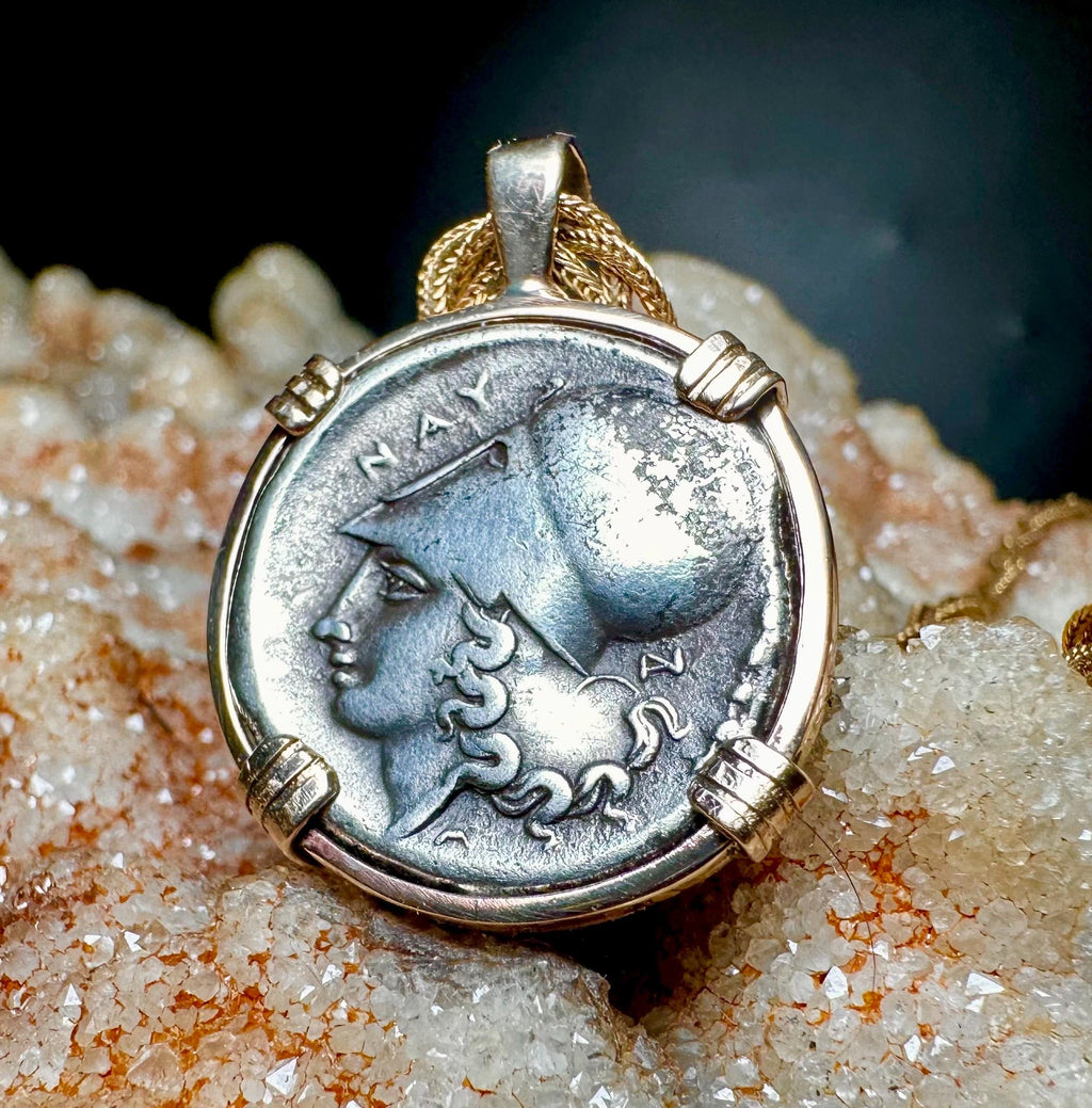 Genuine 350BC Ancient Greek Athena and Pegasus coin in 14k yg filled pendant