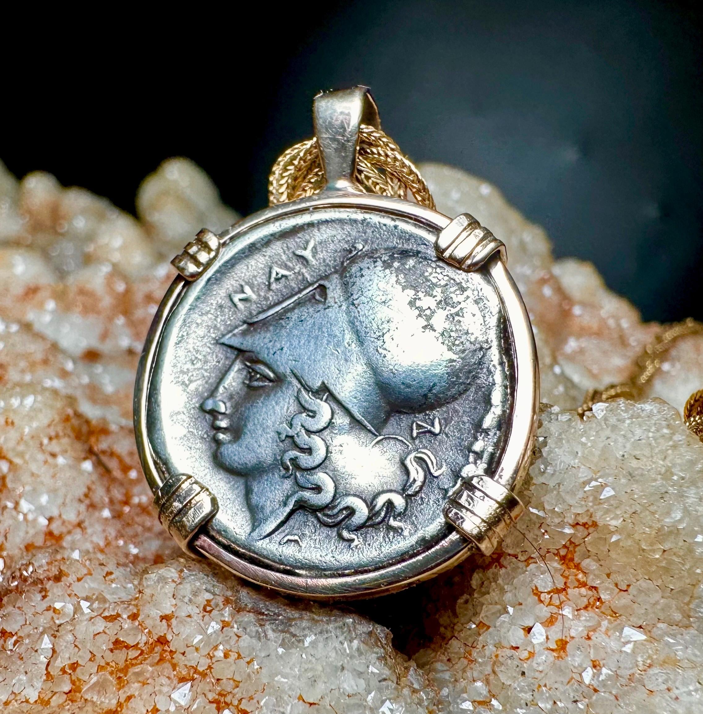 Genuine 350BC Ancient Greek Athena and Pegasus coin in 14k yg filled pendant