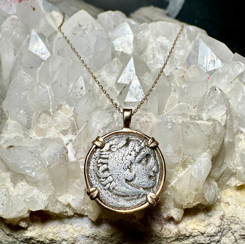 Ancient Greek Alexander The Great silver Drachm in 14k yellow gold filled pendant