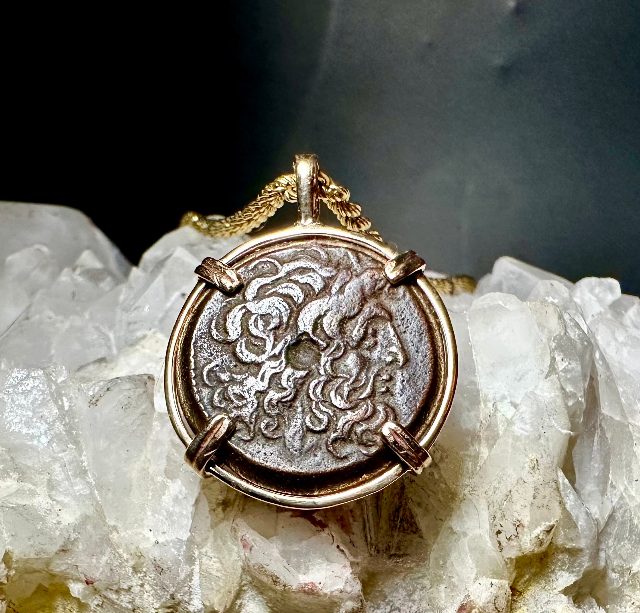 Ancient Egyptian coin of Zeus Ammon and Twin Eagles in 14k yellow gold filled pendant