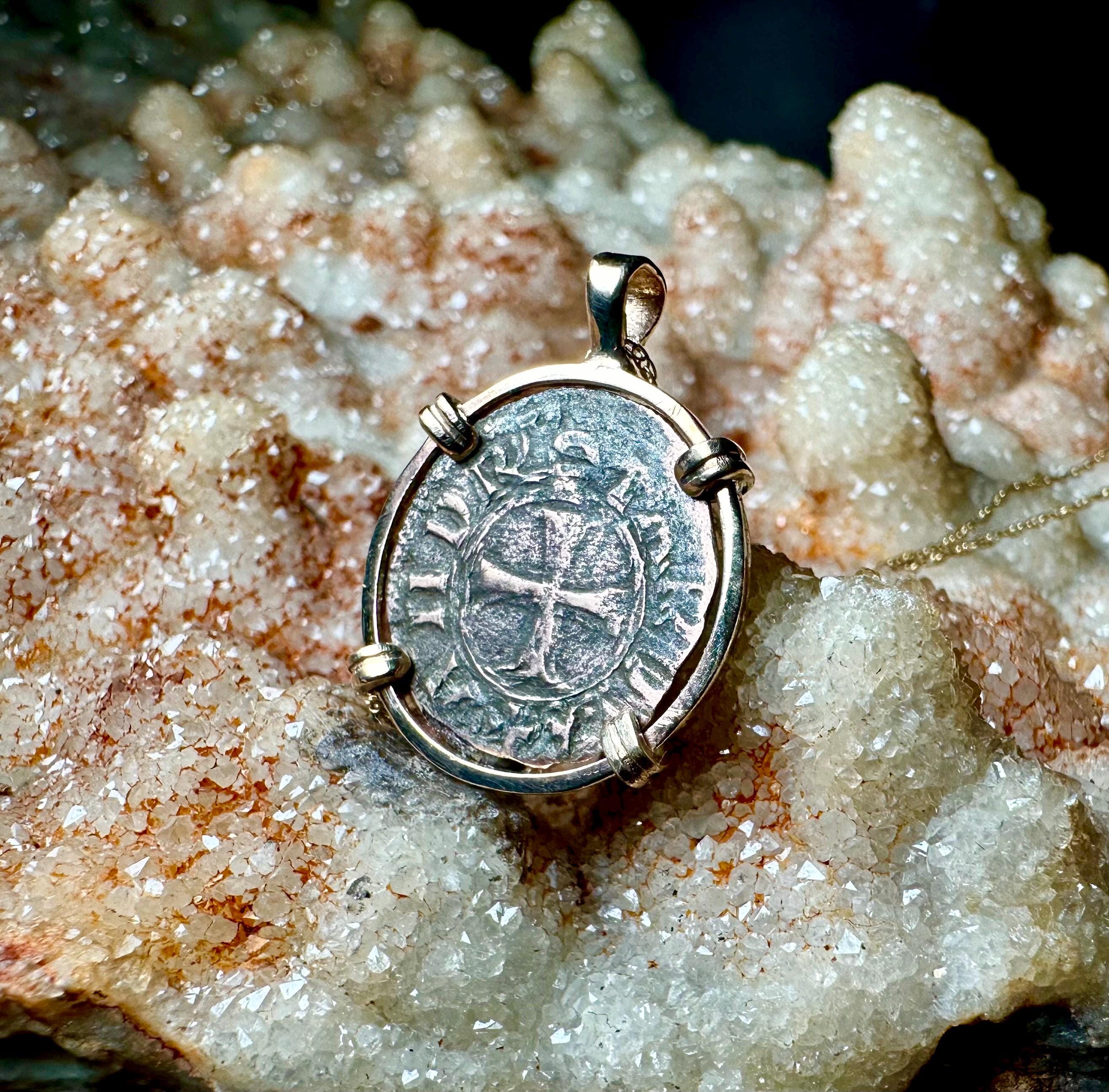 Genuine 14th century Christian Crusader Coin in 14k yellow gold filled pendant